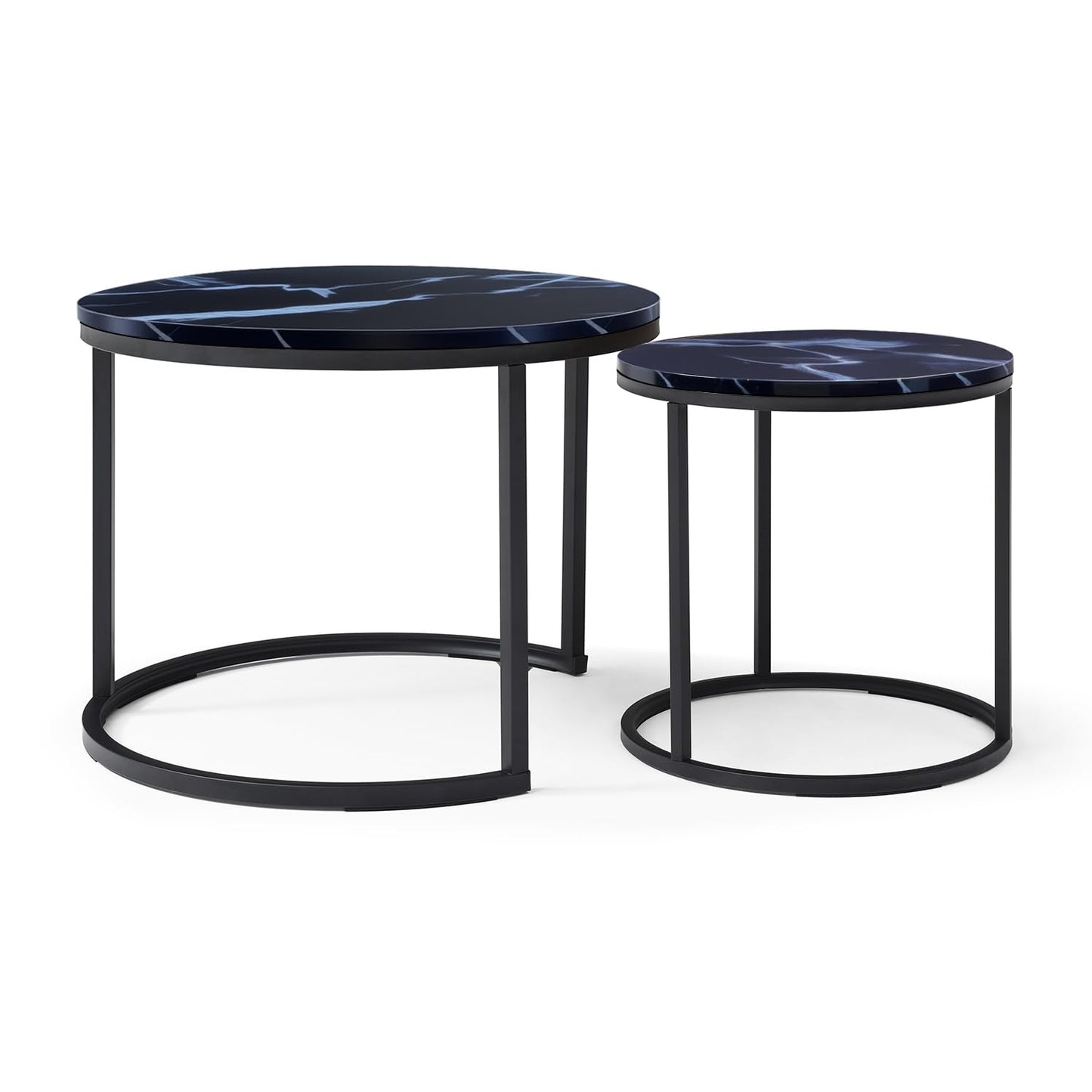 Nesting Coffee Table Set of 2, Round Coffee Tables for Living Room with White Marble Tabletop, Black Metal Frame and Non-Slip Feet,Modern Circle Wooden Tables Side Table End Tables for Bedroom
