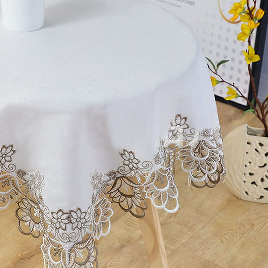 33 Inch Embroidered Lace Beige Square Tablecloth, Christmas Classic Floral Dining Table Cloth Wrinkle Free Table Cover
