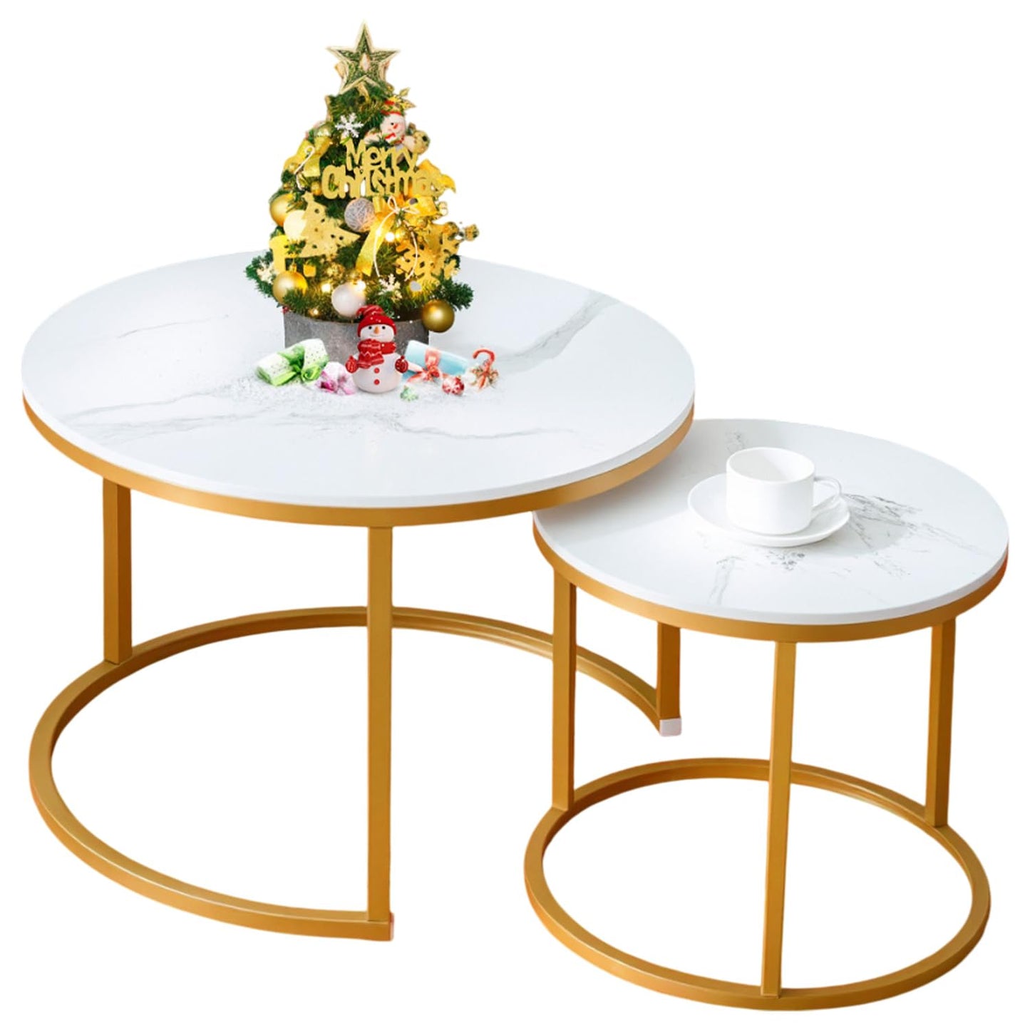 Nesting Coffee Table Set of 2, Round Coffee Tables for Living Room with White Marble Tabletop, Black Metal Frame and Non-Slip Feet,Modern Circle Wooden Tables Side Table End Tables for Bedroom