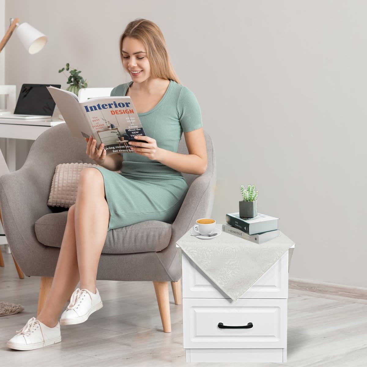 HAORUI Square Jacquard Tablecloth Peony Damask Patterns Table Cloth Cover for Round Nightstand End Bedside Table Tabletop Decoration (Ivory, 36x36 inch)