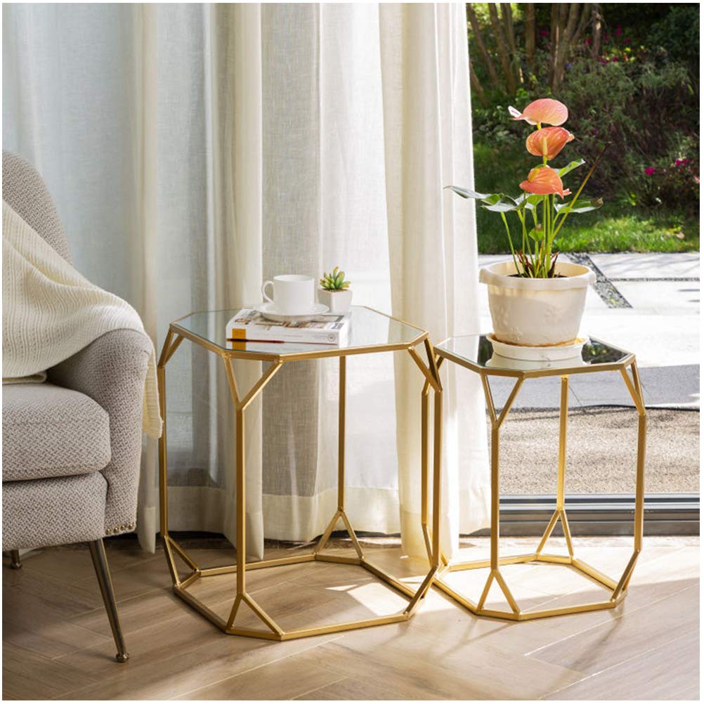Glitzhome Modern Nesting Tables, Set of 2 Coffee Table with Tempered Glass Top, Side/End Tables for Living Room Bedroom, Accent Tea Tables with Metal Frame - Golden