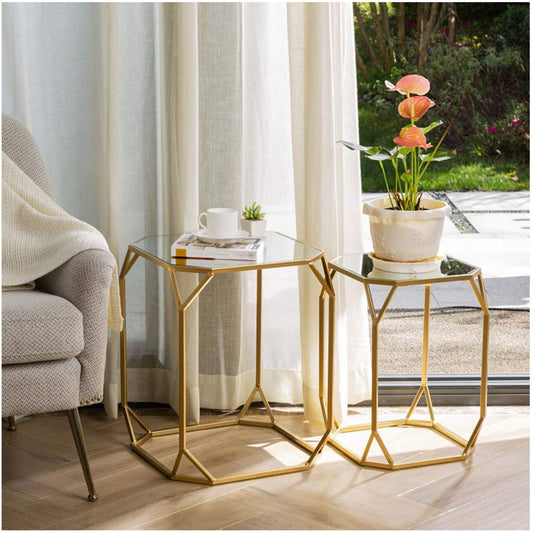 Glitzhome Modern Nesting Tables, Set of 2 Coffee Table with Tempered Glass Top, Side/End Tables for Living Room Bedroom, Accent Tea Tables with Metal Frame - Golden