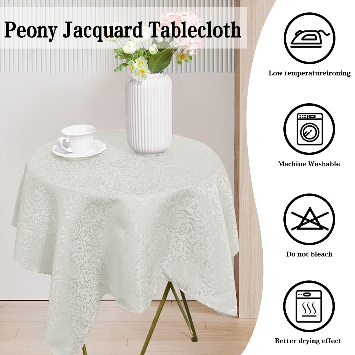 HAORUI Square Jacquard Tablecloth Peony Damask Patterns Table Cloth Cover for Round Nightstand End Bedside Table Tabletop Decoration (Ivory, 36x36 inch)