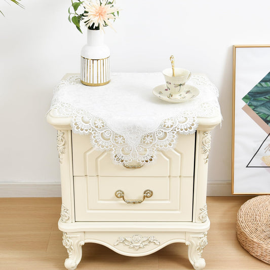 Wolkemer Small Square Tablecloth Elegant White Lace Jacquard Round Doily Tablecloths Table Topper Decoration Cover for Home Dresser Scarf and Table Centerpiece 24 x 24 Inch