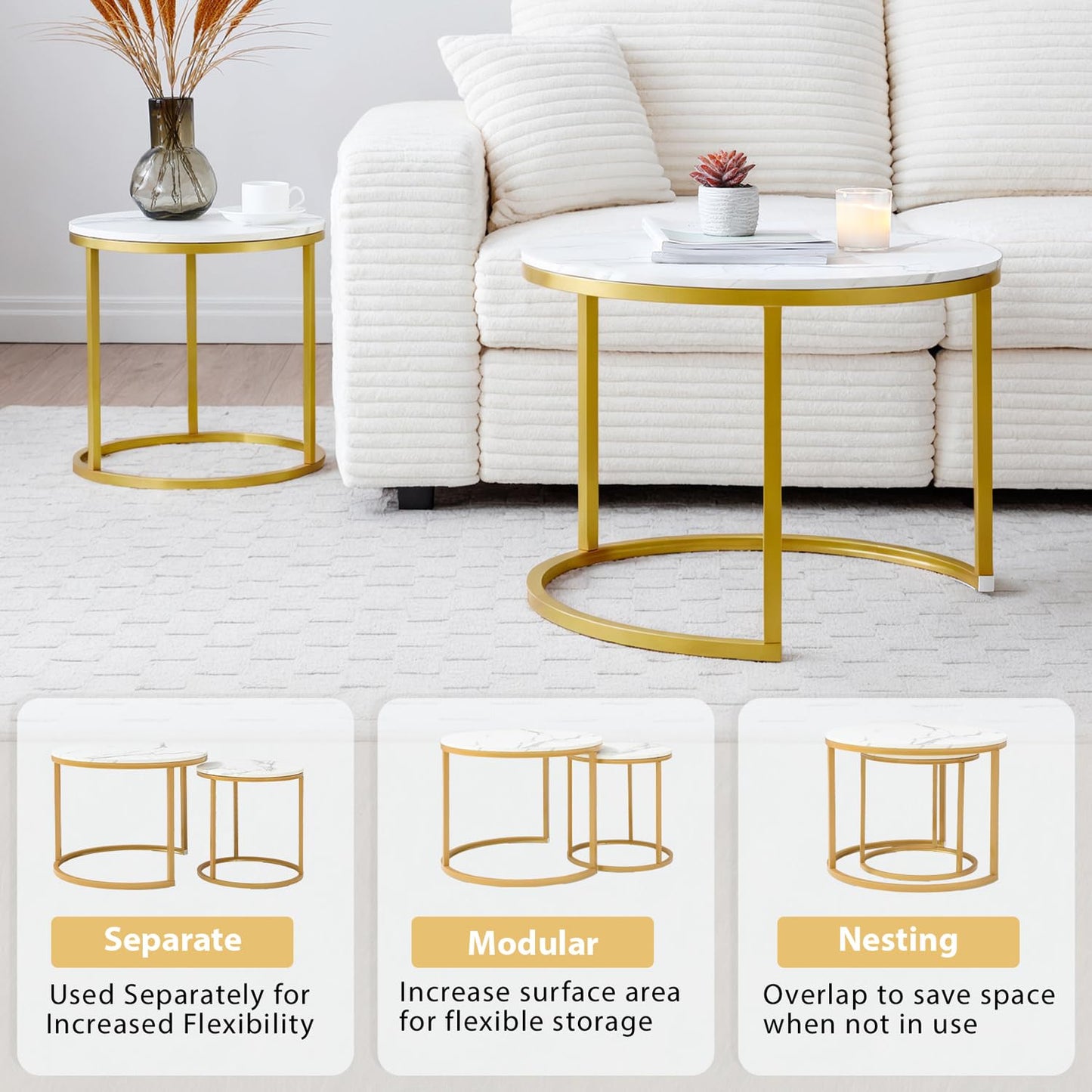 Nesting Coffee Table Set of 2, Round Coffee Tables for Living Room with White Marble Tabletop, Black Metal Frame and Non-Slip Feet,Modern Circle Wooden Tables Side Table End Tables for Bedroom