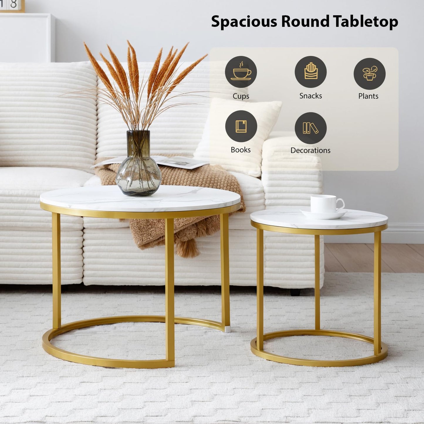 Nesting Coffee Table Set of 2, Round Coffee Tables for Living Room with White Marble Tabletop, Black Metal Frame and Non-Slip Feet,Modern Circle Wooden Tables Side Table End Tables for Bedroom