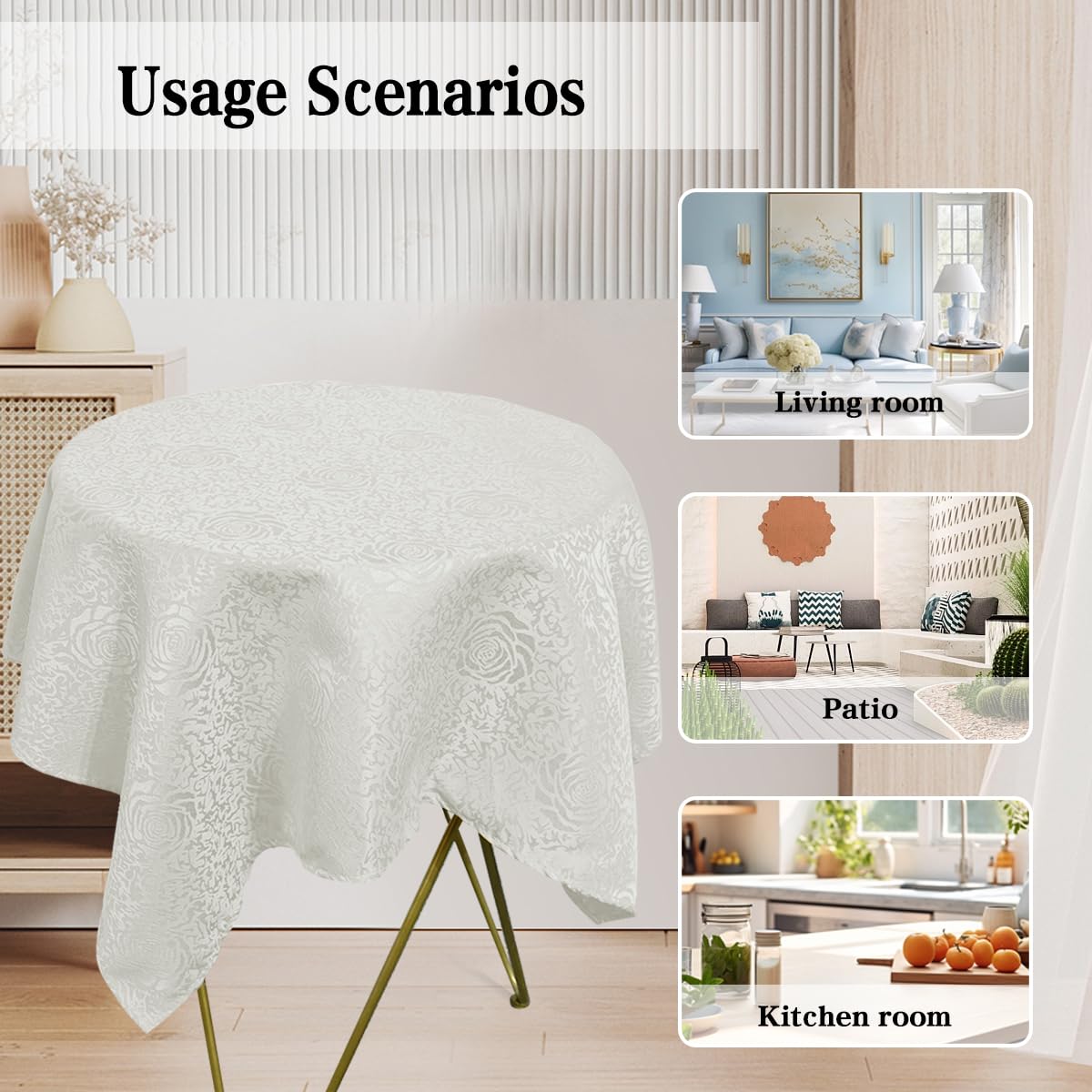 HAORUI Square Jacquard Tablecloth Peony Damask Patterns Table Cloth Cover for Round Nightstand End Bedside Table Tabletop Decoration (Ivory, 36x36 inch)