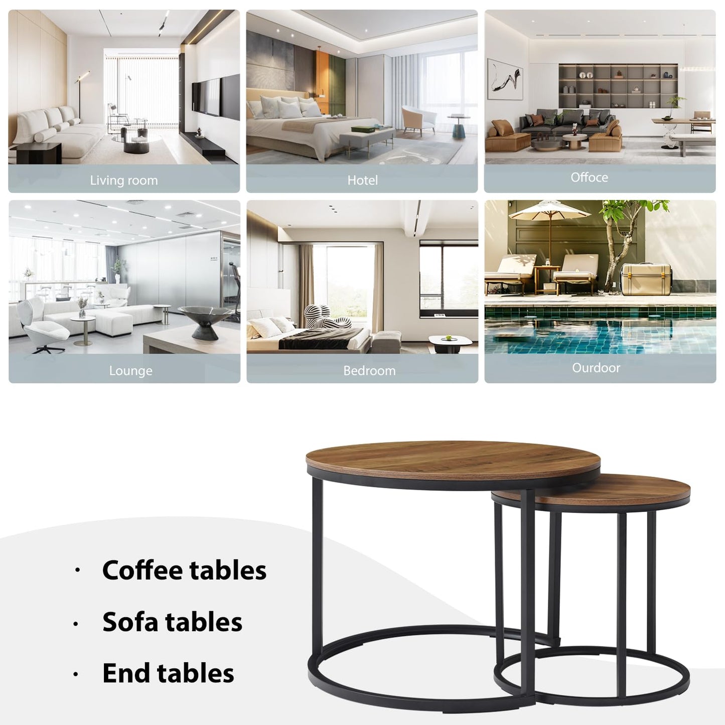 Nesting Coffee Table Set of 2, Round Coffee Tables for Living Room with White Marble Tabletop, Black Metal Frame and Non-Slip Feet,Modern Circle Wooden Tables Side Table End Tables for Bedroom