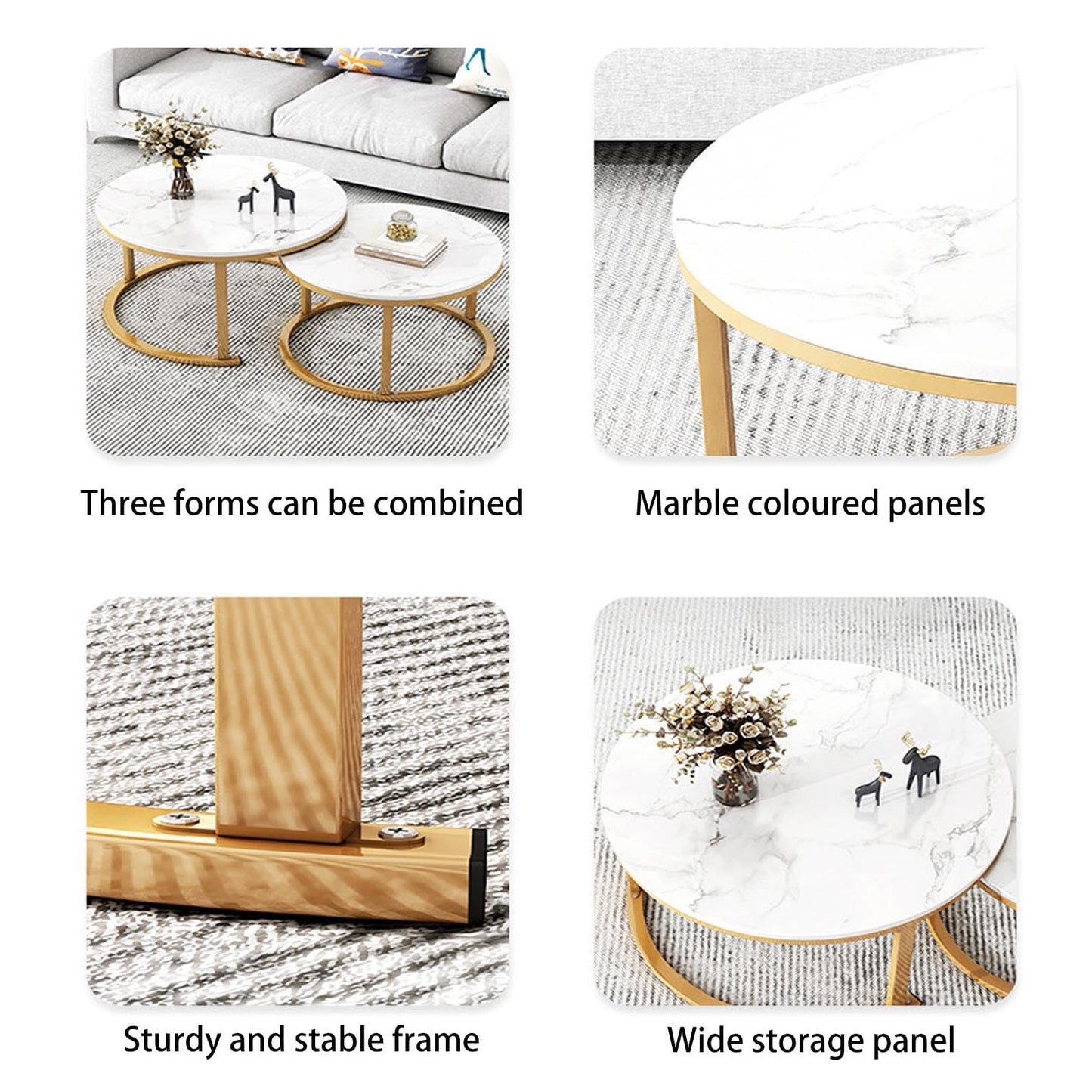 Round Coffee Tables Nesting Tables Set Of 2, Circle Cocktail Table Modern Design,Gold Metal FrameDesk,Industrial End Tables Simple Nightstand For Living Room Balcony Office(31.5x17.7+23.6x14.9in)