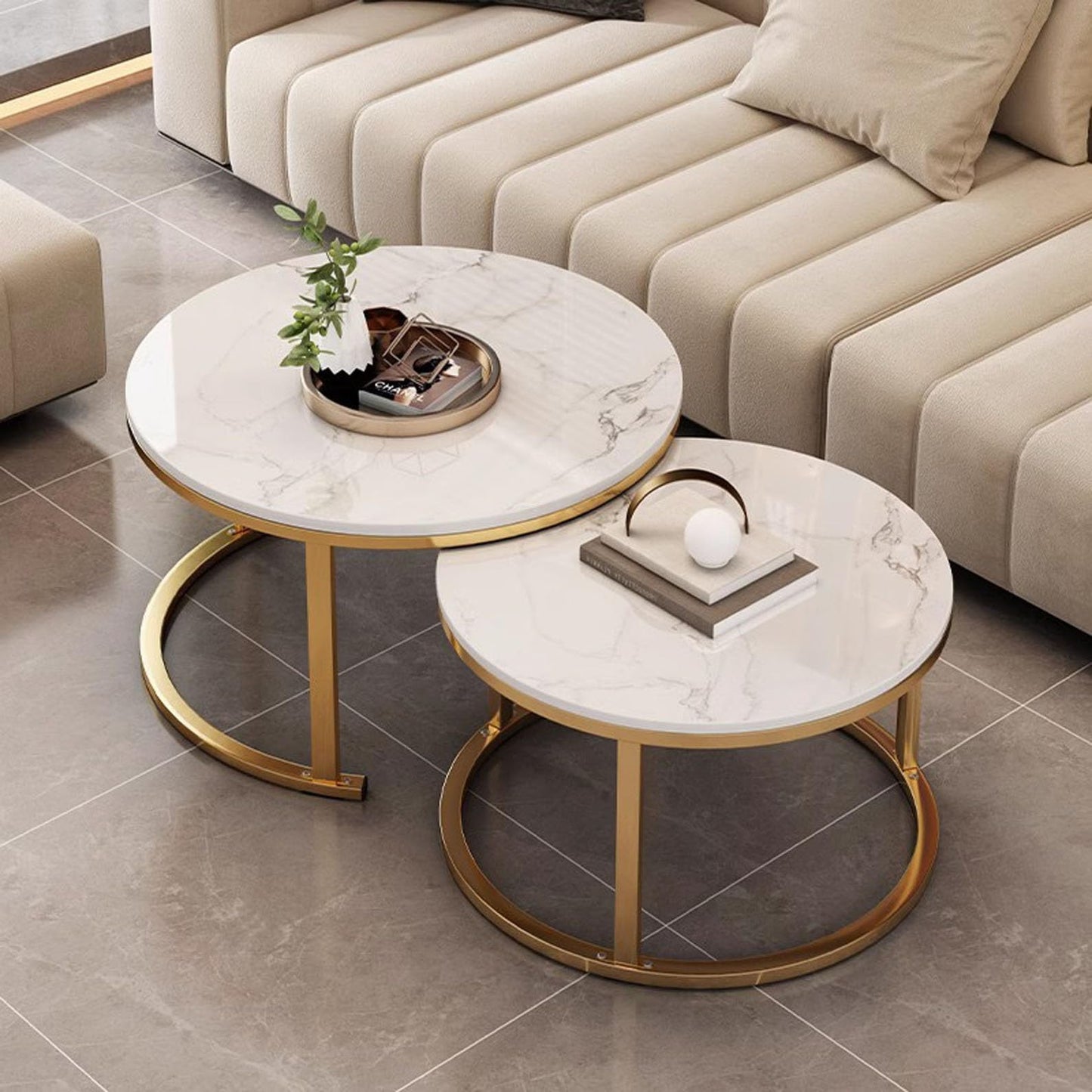 Round Coffee Tables Nesting Tables Set Of 2, Circle Cocktail Table Modern Design,Gold Metal FrameDesk,Industrial End Tables Simple Nightstand For Living Room Balcony Office(31.5x17.7+23.6x14.9in)