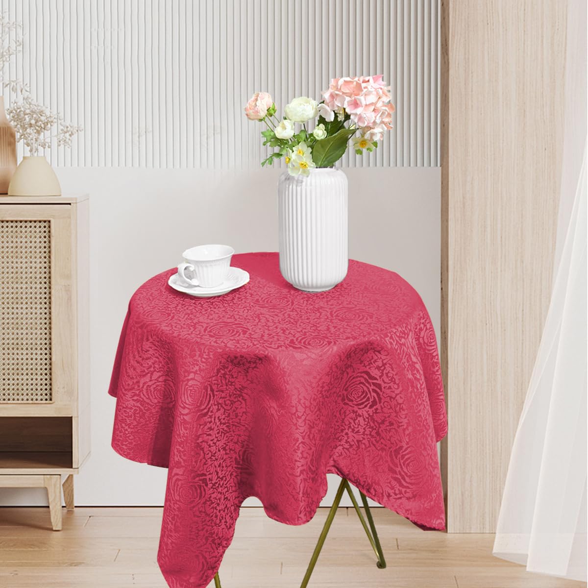 HAORUI Square Jacquard Tablecloth Peony Damask Patterns Table Cloth Cover for Round Nightstand End Bedside Table Tabletop Decoration (Ivory, 36x36 inch)