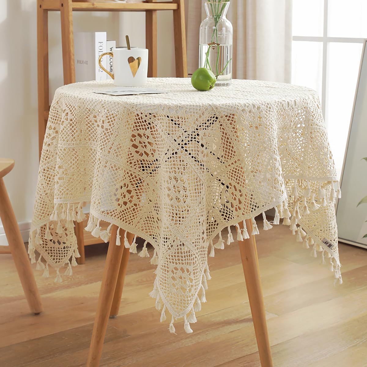 Quesera Crochet Tablecloths Lace Doilies Square Tablecloths Beige Cotton Table Cover Table Topper Wedding Home Party Decoration 34x34 Inch