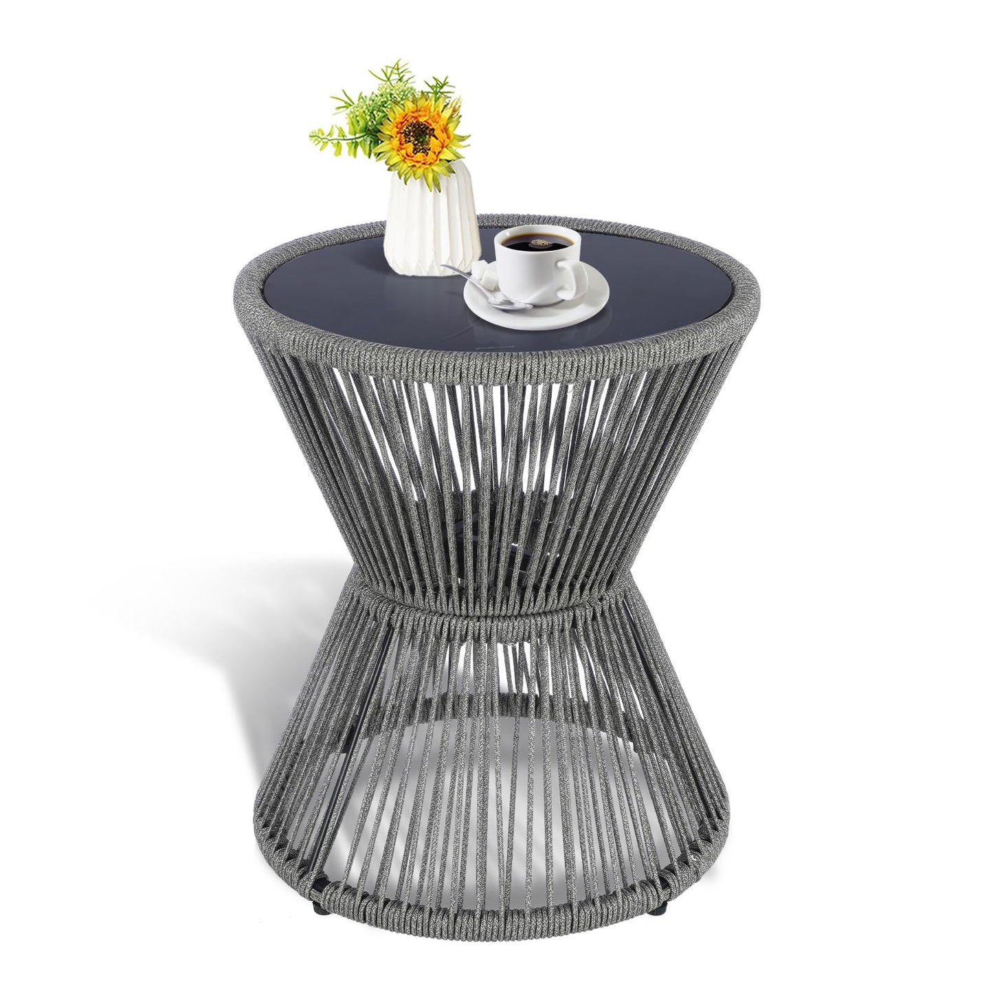 LEWIS&WAYNE Small Outdoor Side Table Patio 20’’ H Woven Rope Hourglass End Table with Glass Top Round Coffee Table for Living Room Outdoor Patio Backyard Poolside (Brown)
