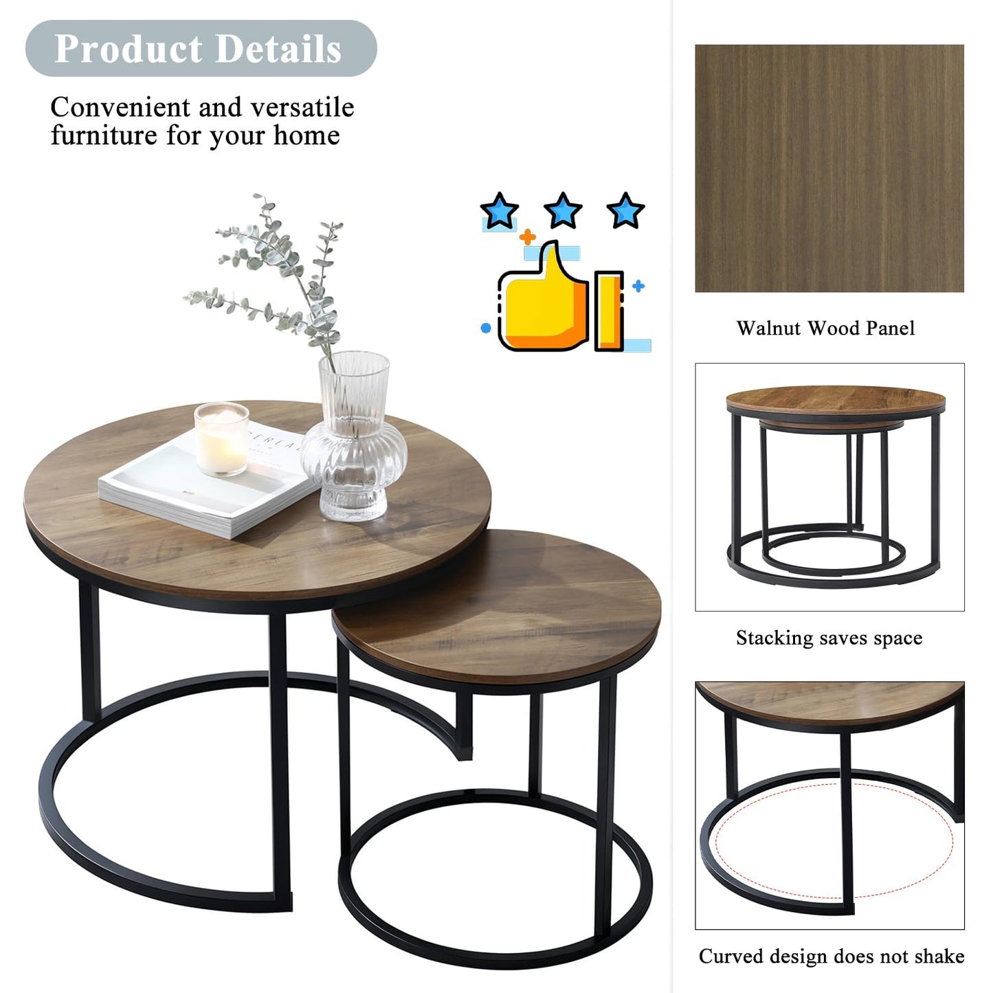 Nesting Coffee Table Set of 2, Round Coffee Tables for Living Room with White Marble Tabletop, Black Metal Frame and Non-Slip Feet,Modern Circle Wooden Tables Side Table End Tables for Bedroom