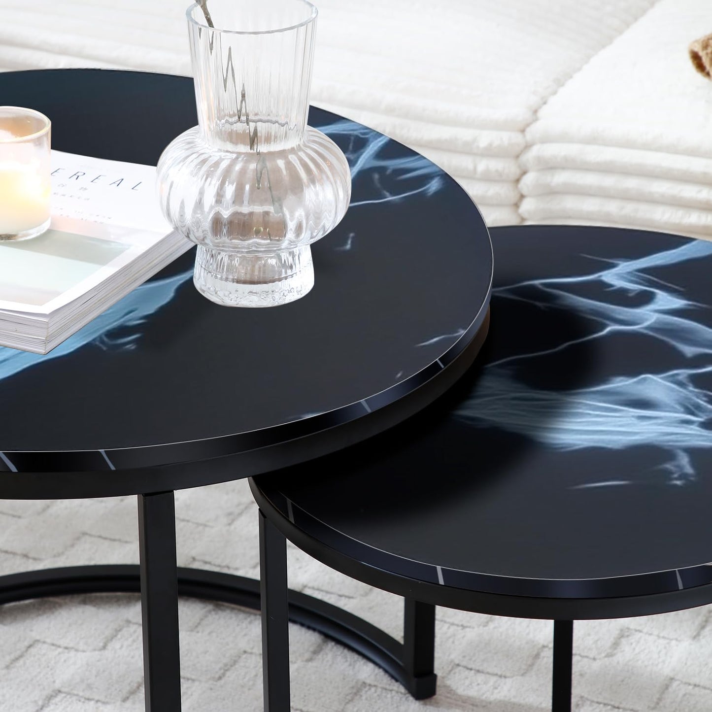 Nesting Coffee Table Set of 2, Round Coffee Tables for Living Room with White Marble Tabletop, Black Metal Frame and Non-Slip Feet,Modern Circle Wooden Tables Side Table End Tables for Bedroom