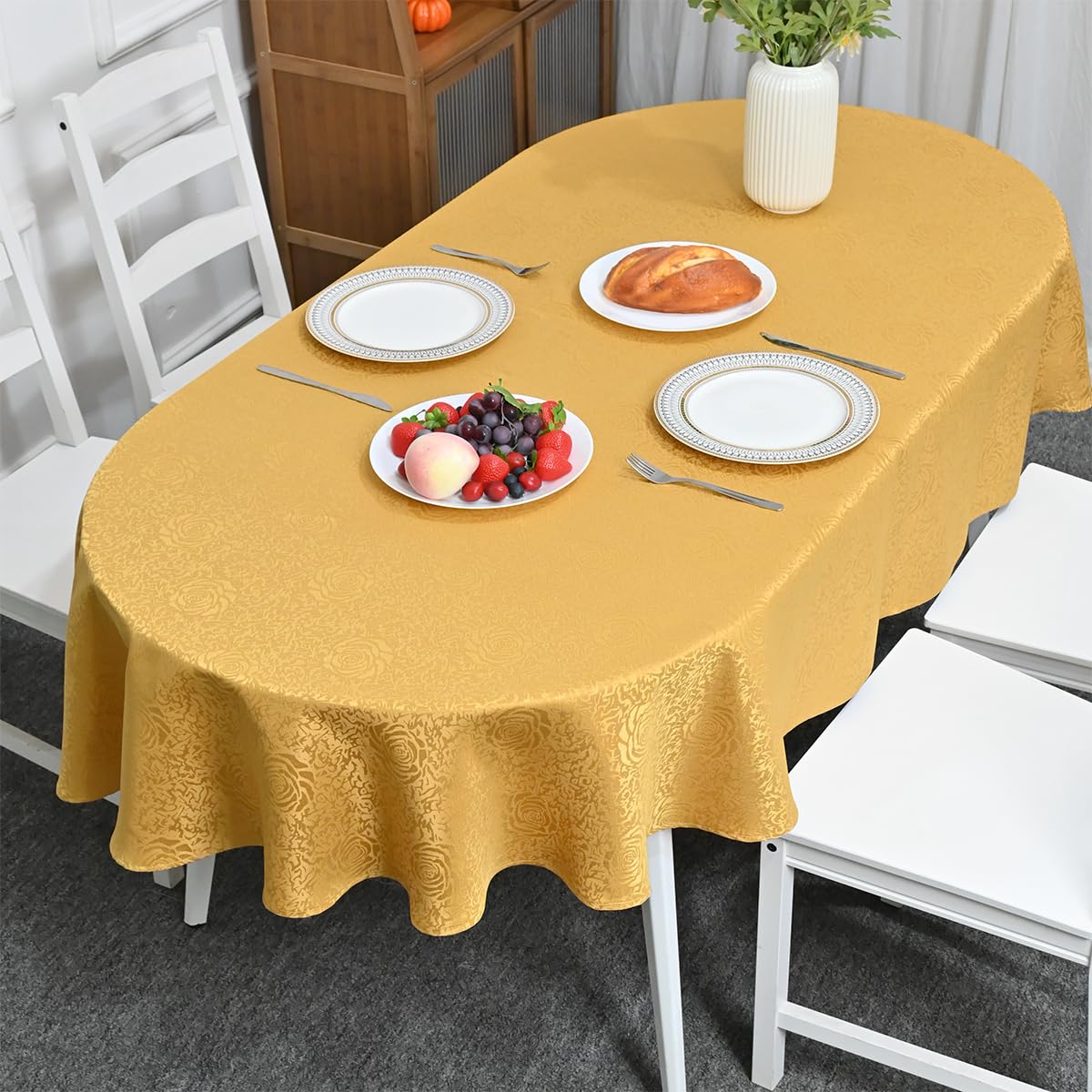 HAORUI Square Jacquard Tablecloth Peony Damask Patterns Table Cloth Cover for Round Nightstand End Bedside Table Tabletop Decoration (Ivory, 36x36 inch)