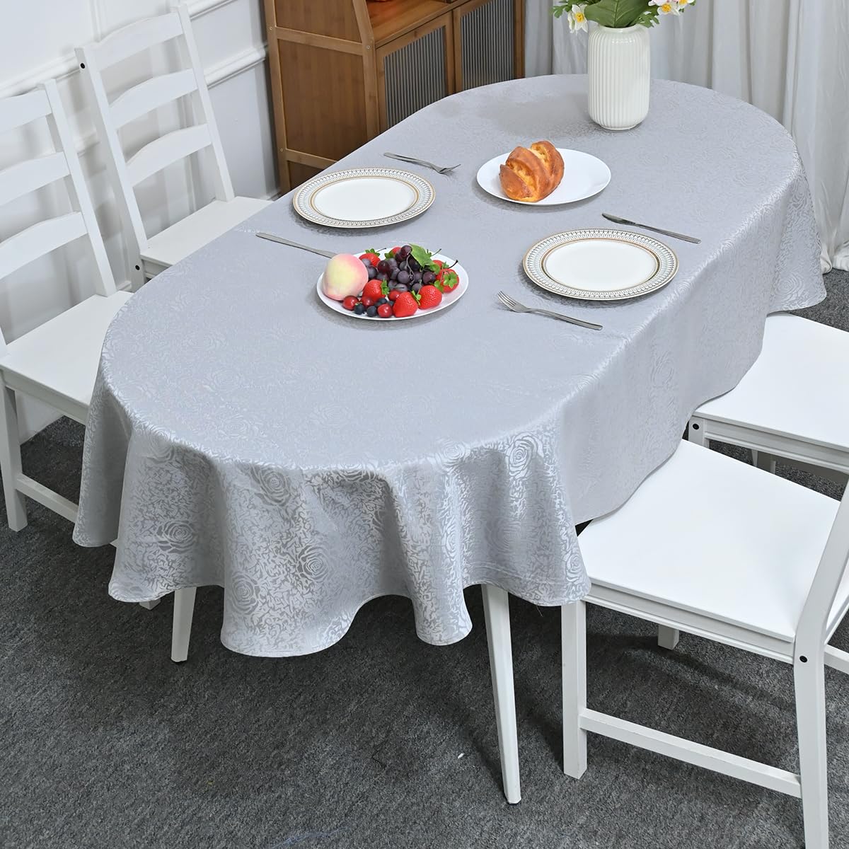 HAORUI Square Jacquard Tablecloth Peony Damask Patterns Table Cloth Cover for Round Nightstand End Bedside Table Tabletop Decoration (Ivory, 36x36 inch)