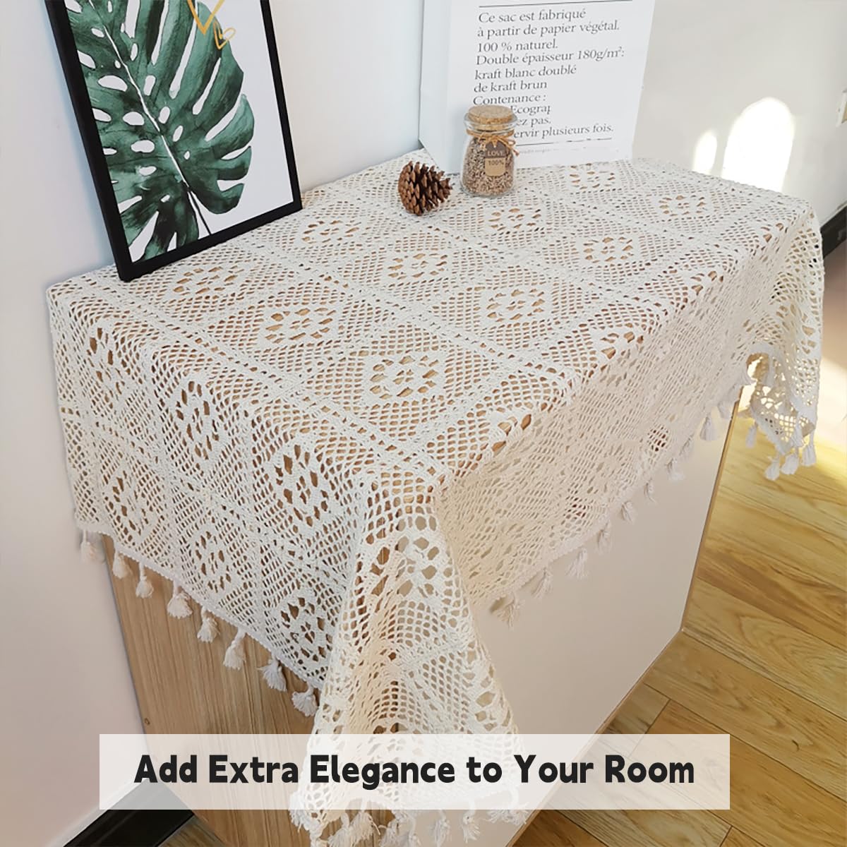 Quesera Crochet Tablecloths Lace Doilies Square Tablecloths Beige Cotton Table Cover Table Topper Wedding Home Party Decoration 34x34 Inch