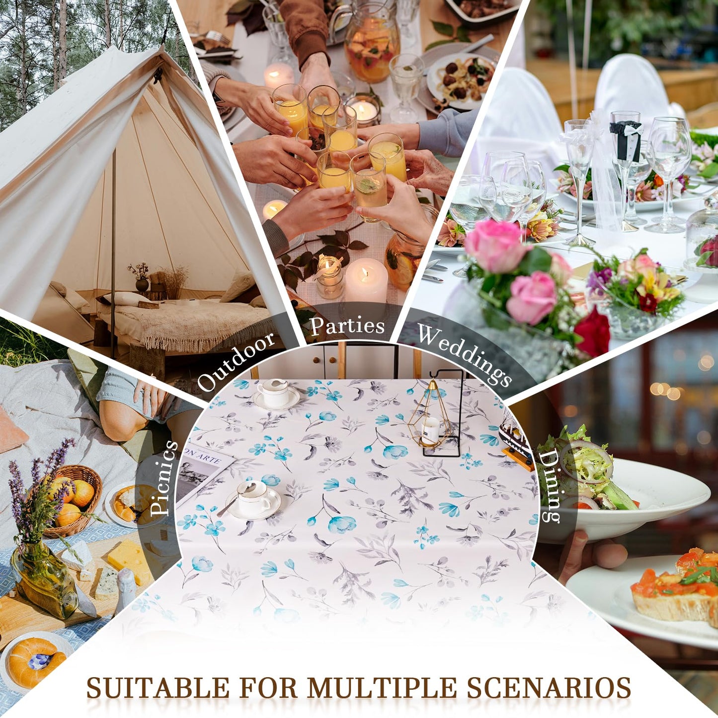 Round Tablecloth 60Inch Green Floral Table Cloth Waterproof Spill-Proof Wrinkle Free Table Cover for Outdoor Party Picnic Dinner Patio Halloween Fall Decor