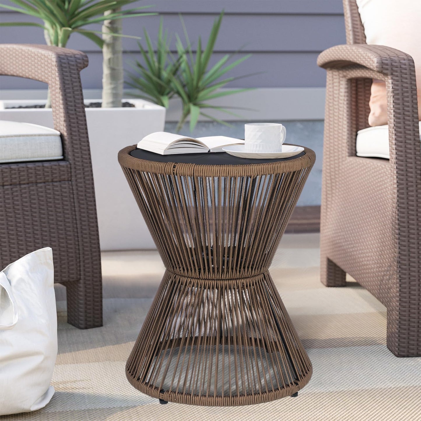 LEWIS&WAYNE Small Outdoor Side Table Patio 20’’ H Woven Rope Hourglass End Table with Glass Top Round Coffee Table for Living Room Outdoor Patio Backyard Poolside (Brown)