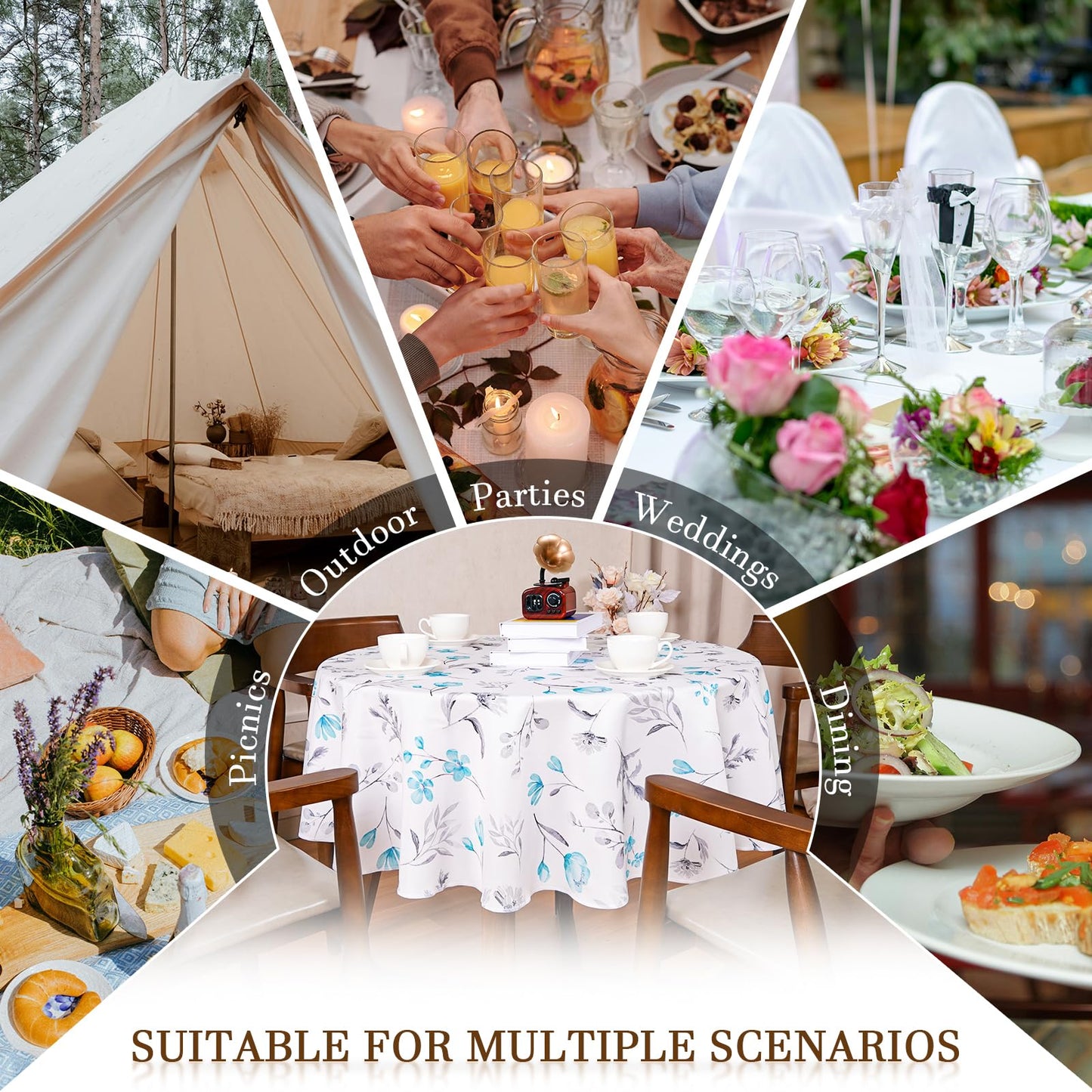 Round Tablecloth 60Inch Green Floral Table Cloth Waterproof Spill-Proof Wrinkle Free Table Cover for Outdoor Party Picnic Dinner Patio Halloween Fall Decor