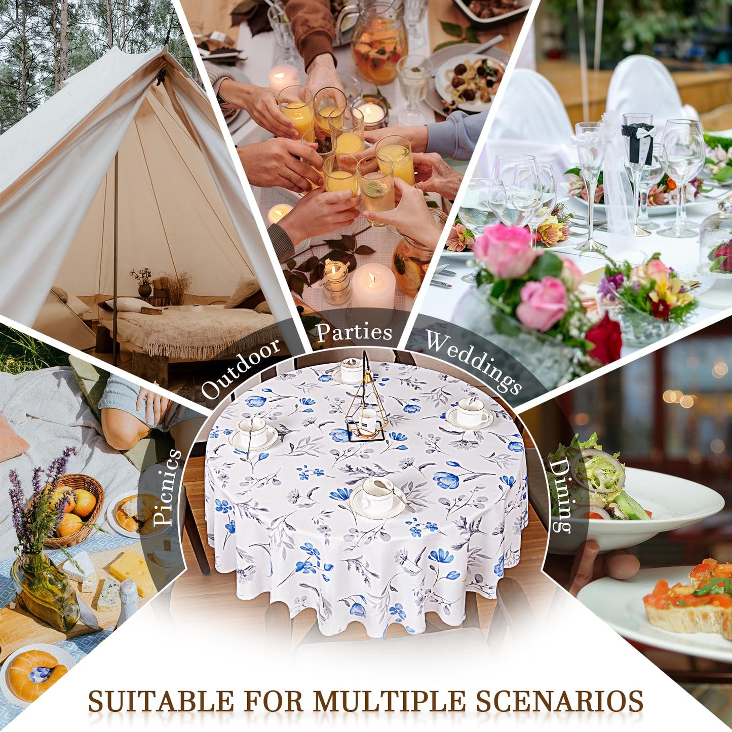 Round Tablecloth 60Inch Green Floral Table Cloth Waterproof Spill-Proof Wrinkle Free Table Cover for Outdoor Party Picnic Dinner Patio Halloween Fall Decor