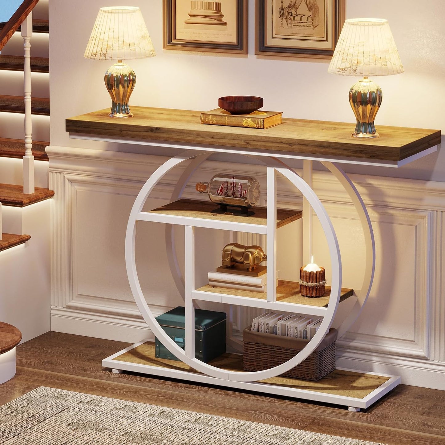 Tribesigns 41.3" Console Table, Industrial 4-Tier Sofa Table Entryway Table with Circle Base, Narrow Wood Accent Tables with Storage Shelves for Living Room, Hallway, Foyer, Rustic Brown