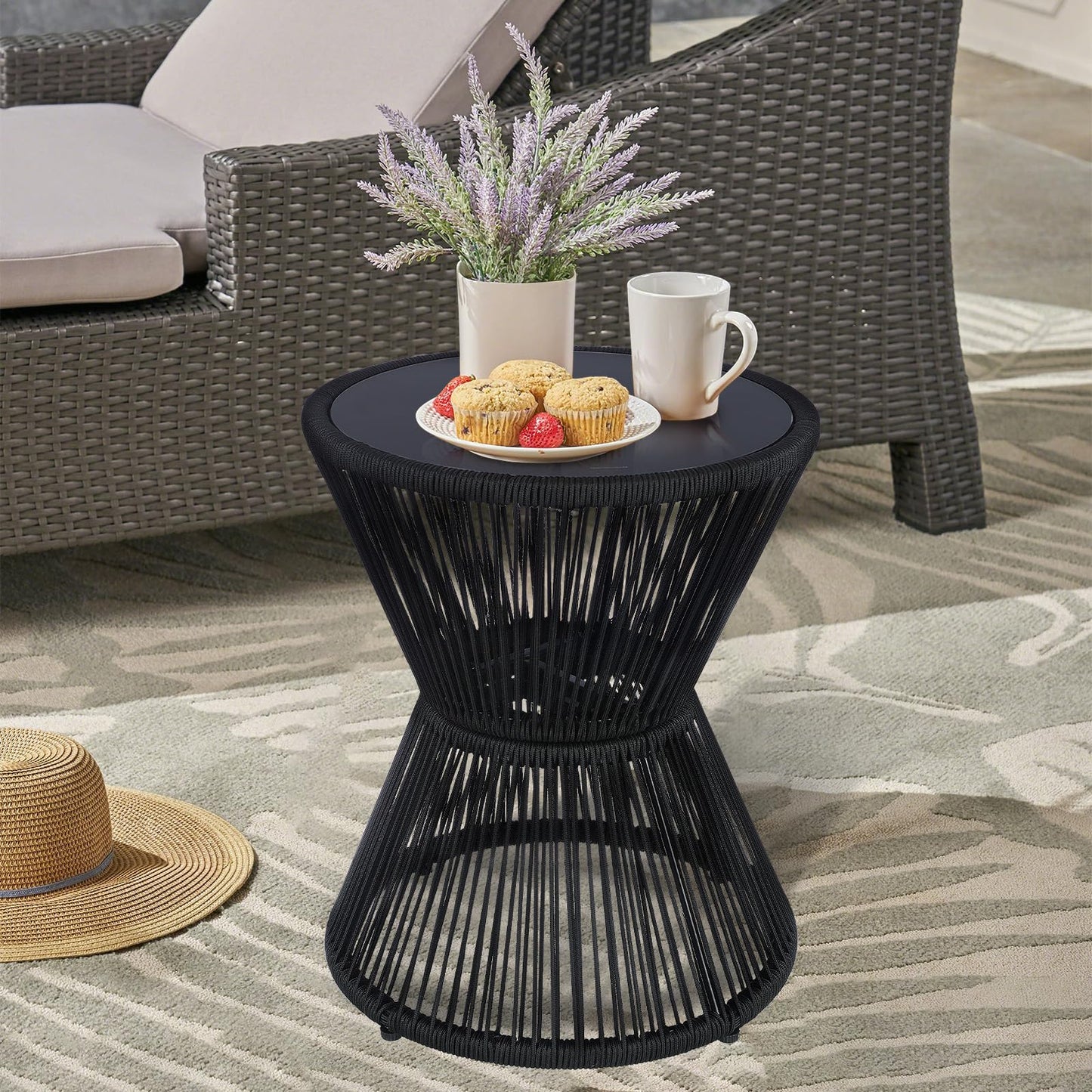 LEWIS&WAYNE Small Outdoor Side Table Patio 20’’ H Woven Rope Hourglass End Table with Glass Top Round Coffee Table for Living Room Outdoor Patio Backyard Poolside (Brown)