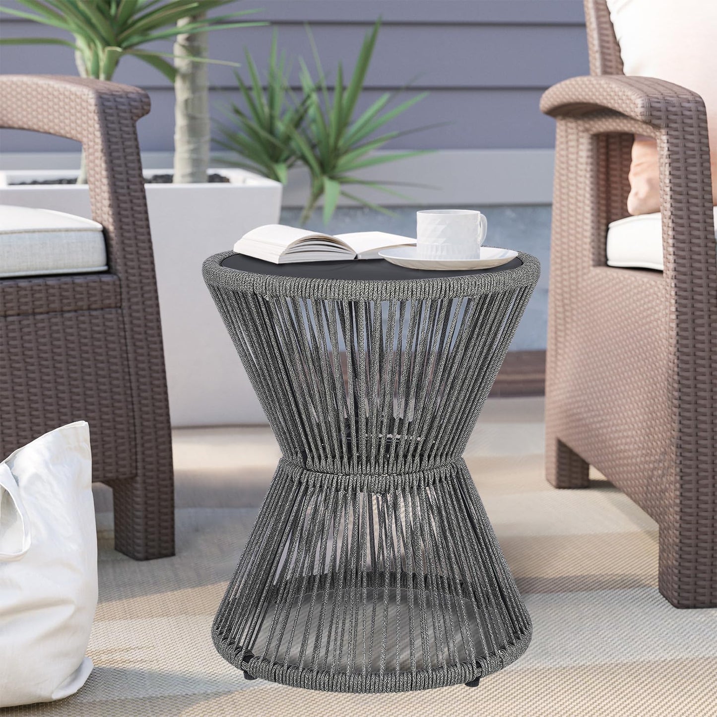 LEWIS&WAYNE Small Outdoor Side Table Patio 20’’ H Woven Rope Hourglass End Table with Glass Top Round Coffee Table for Living Room Outdoor Patio Backyard Poolside (Brown)