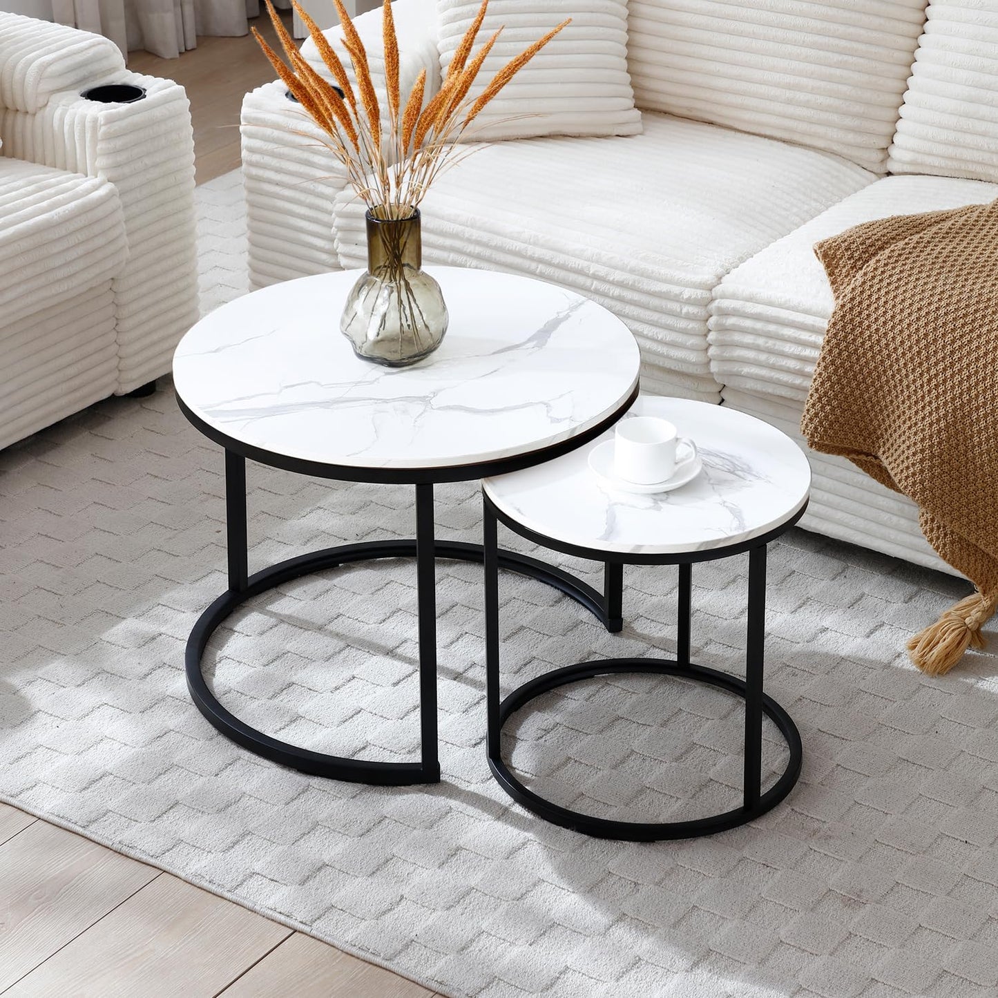 Nesting Coffee Table Set of 2, Round Coffee Tables for Living Room with White Marble Tabletop, Black Metal Frame and Non-Slip Feet,Modern Circle Wooden Tables Side Table End Tables for Bedroom