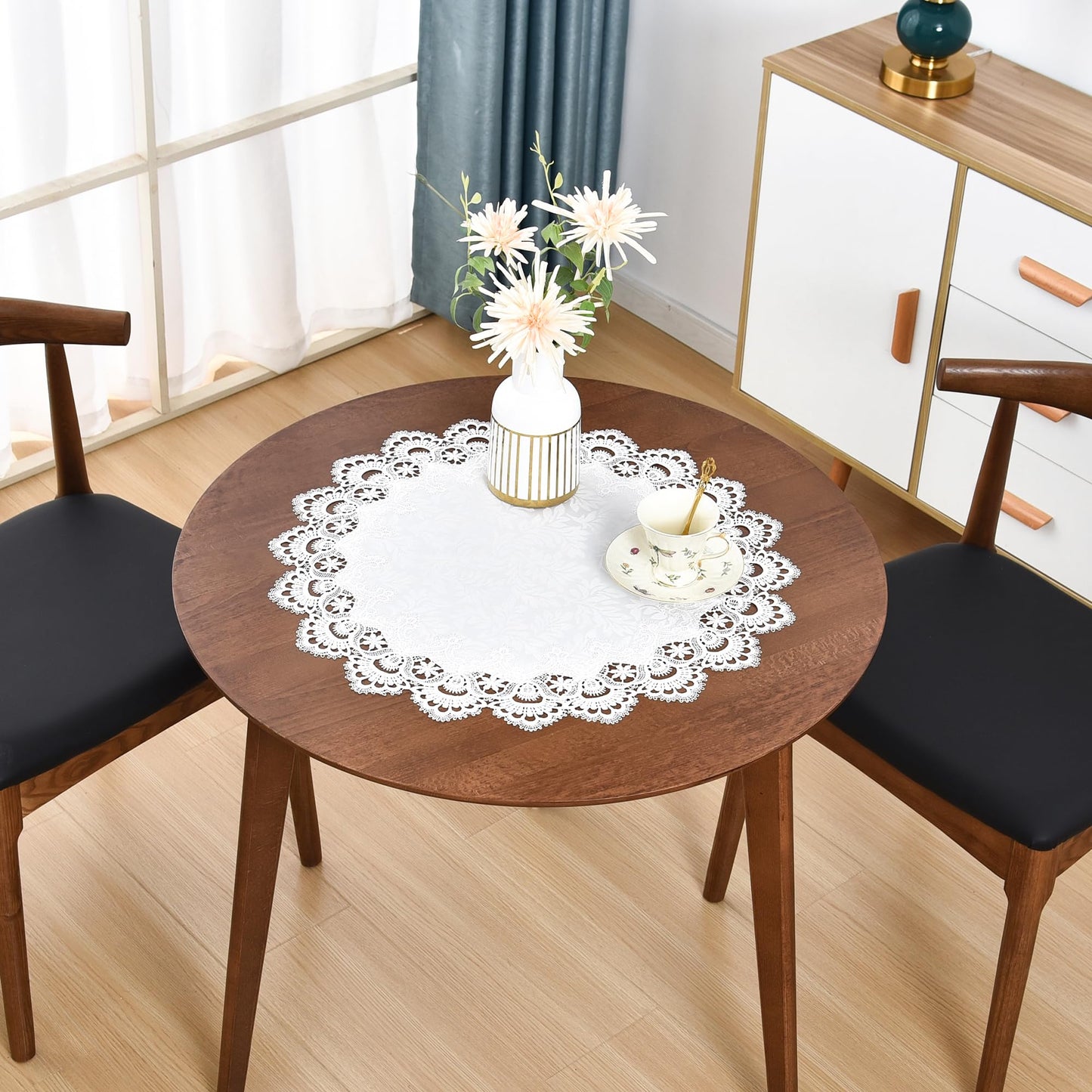 Wolkemer Small Square Tablecloth Elegant White Lace Jacquard Round Doily Tablecloths Table Topper Decoration Cover for Home Dresser Scarf and Table Centerpiece 24 x 24 Inch