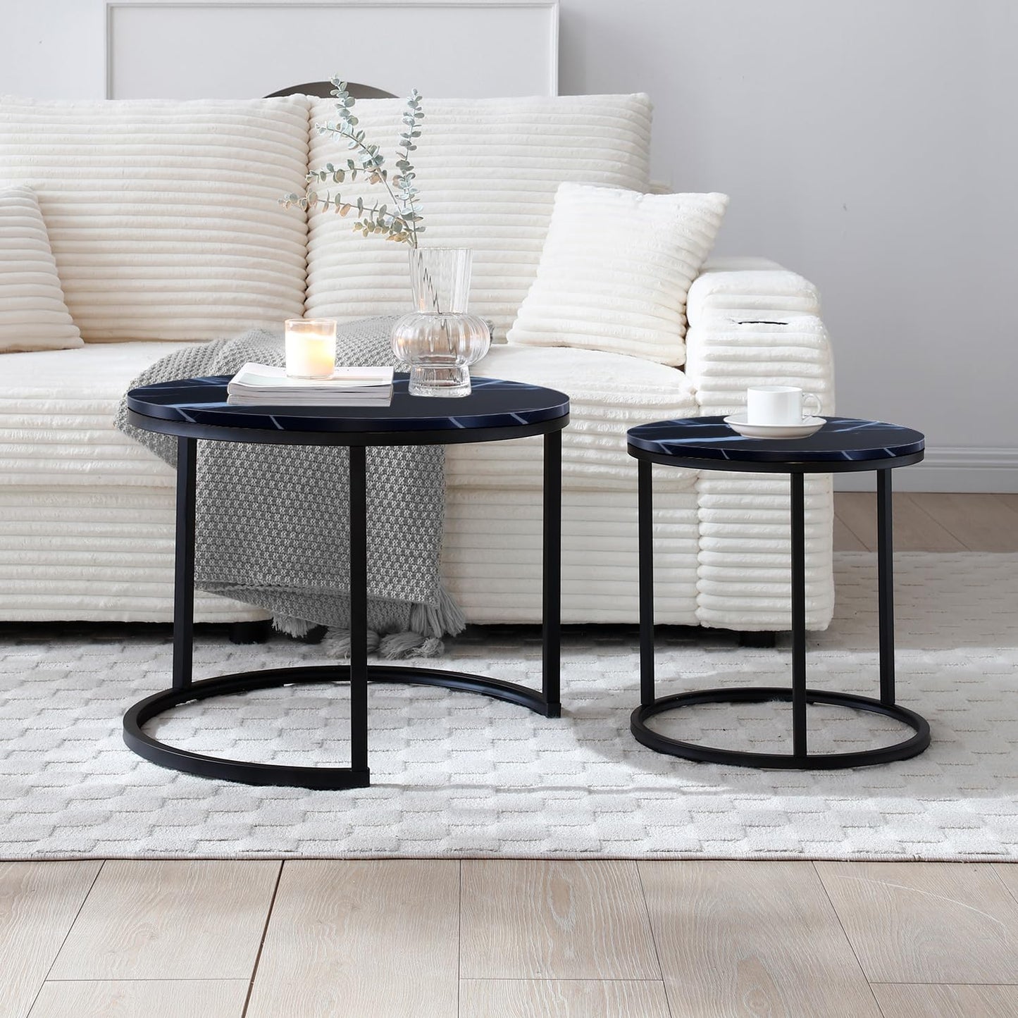 Nesting Coffee Table Set of 2, Round Coffee Tables for Living Room with White Marble Tabletop, Black Metal Frame and Non-Slip Feet,Modern Circle Wooden Tables Side Table End Tables for Bedroom