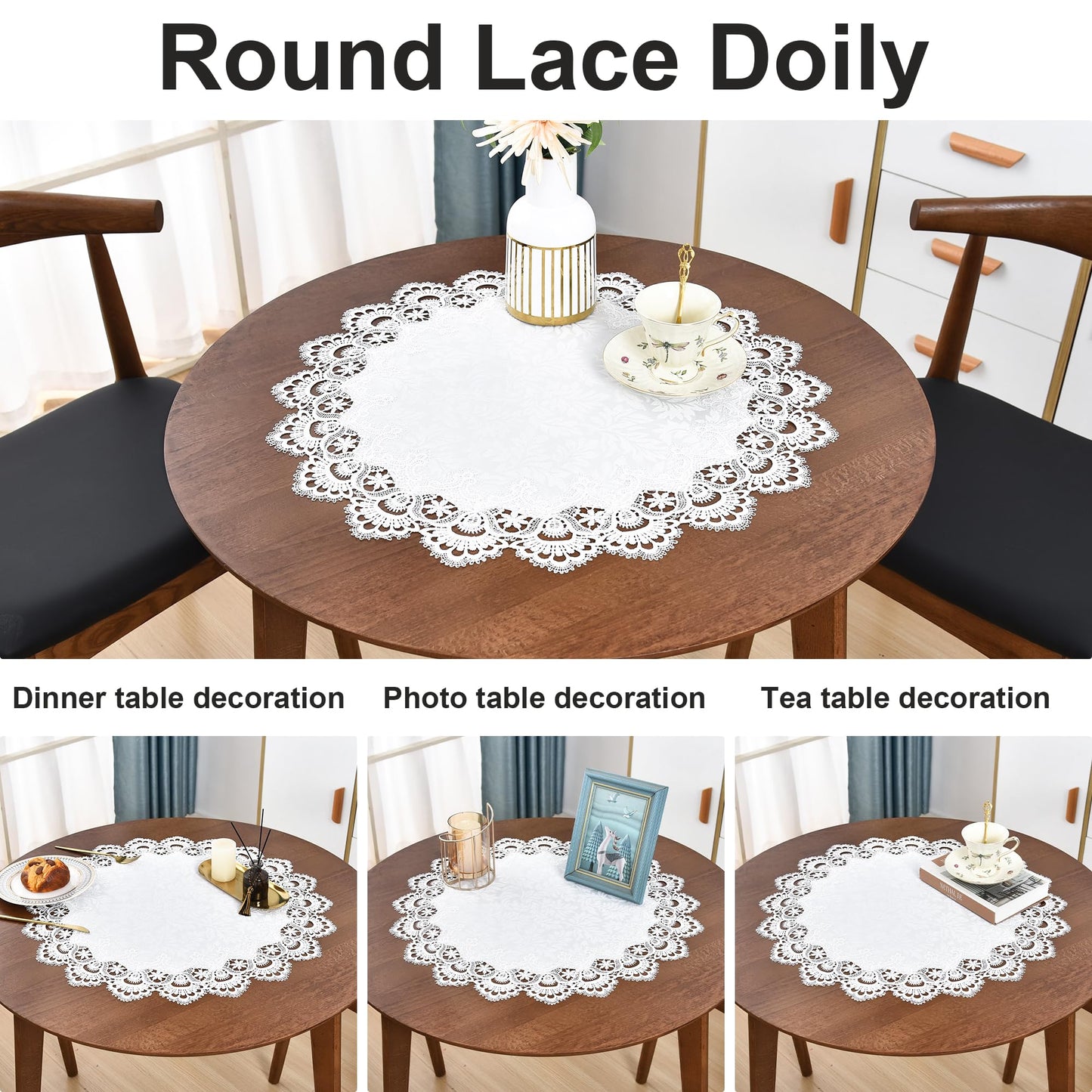 Wolkemer Small Square Tablecloth Elegant White Lace Jacquard Round Doily Tablecloths Table Topper Decoration Cover for Home Dresser Scarf and Table Centerpiece 24 x 24 Inch