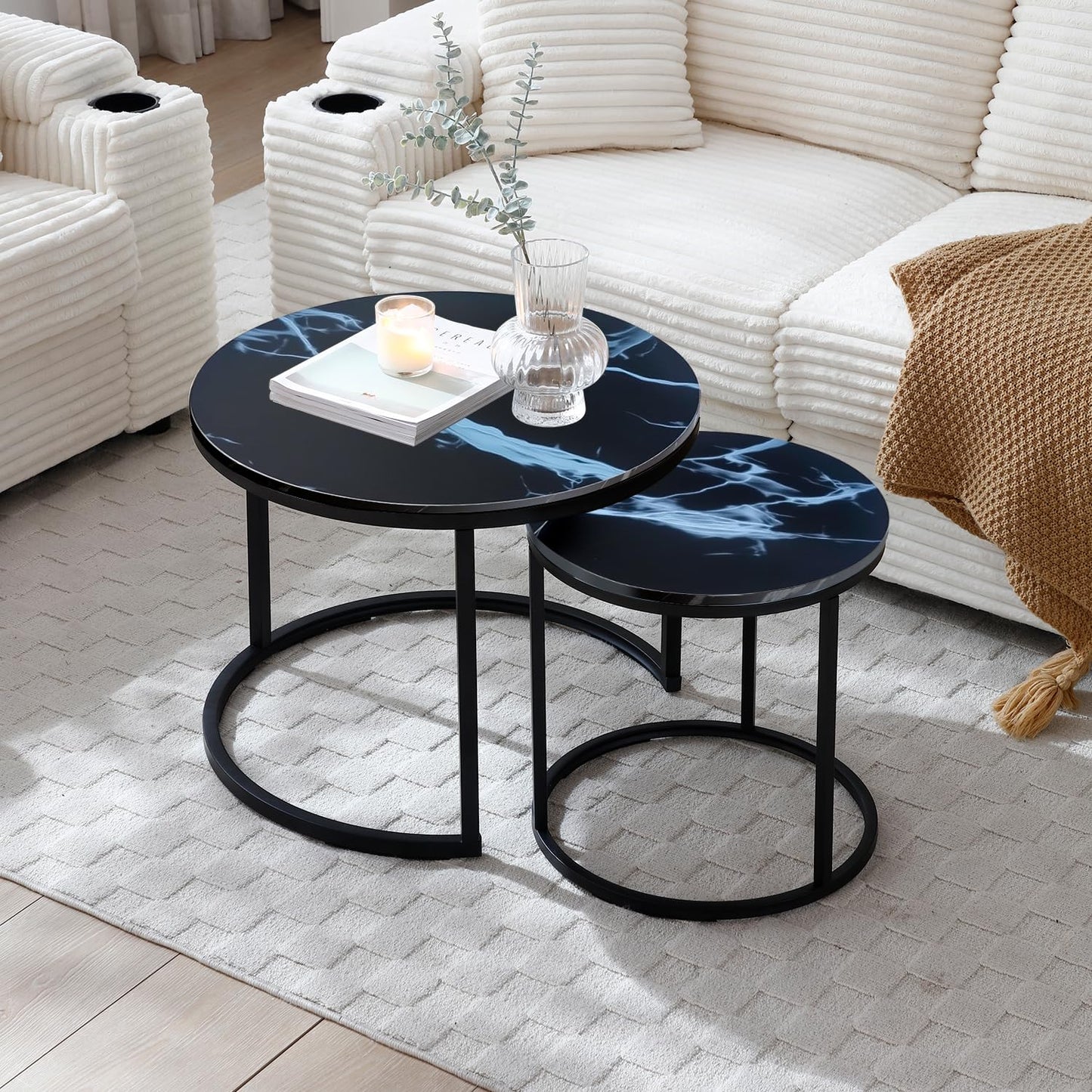 Nesting Coffee Table Set of 2, Round Coffee Tables for Living Room with White Marble Tabletop, Black Metal Frame and Non-Slip Feet,Modern Circle Wooden Tables Side Table End Tables for Bedroom
