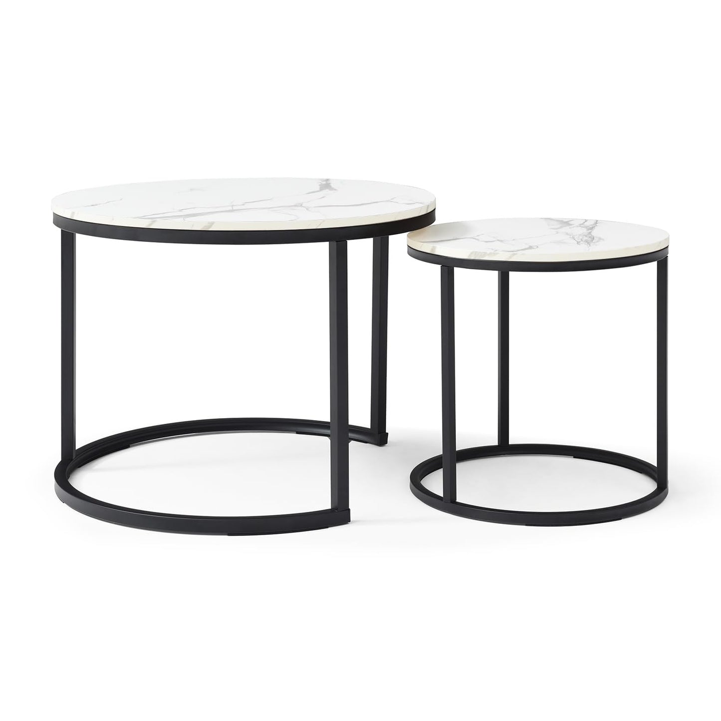 Nesting Coffee Table Set of 2, Round Coffee Tables for Living Room with White Marble Tabletop, Black Metal Frame and Non-Slip Feet,Modern Circle Wooden Tables Side Table End Tables for Bedroom