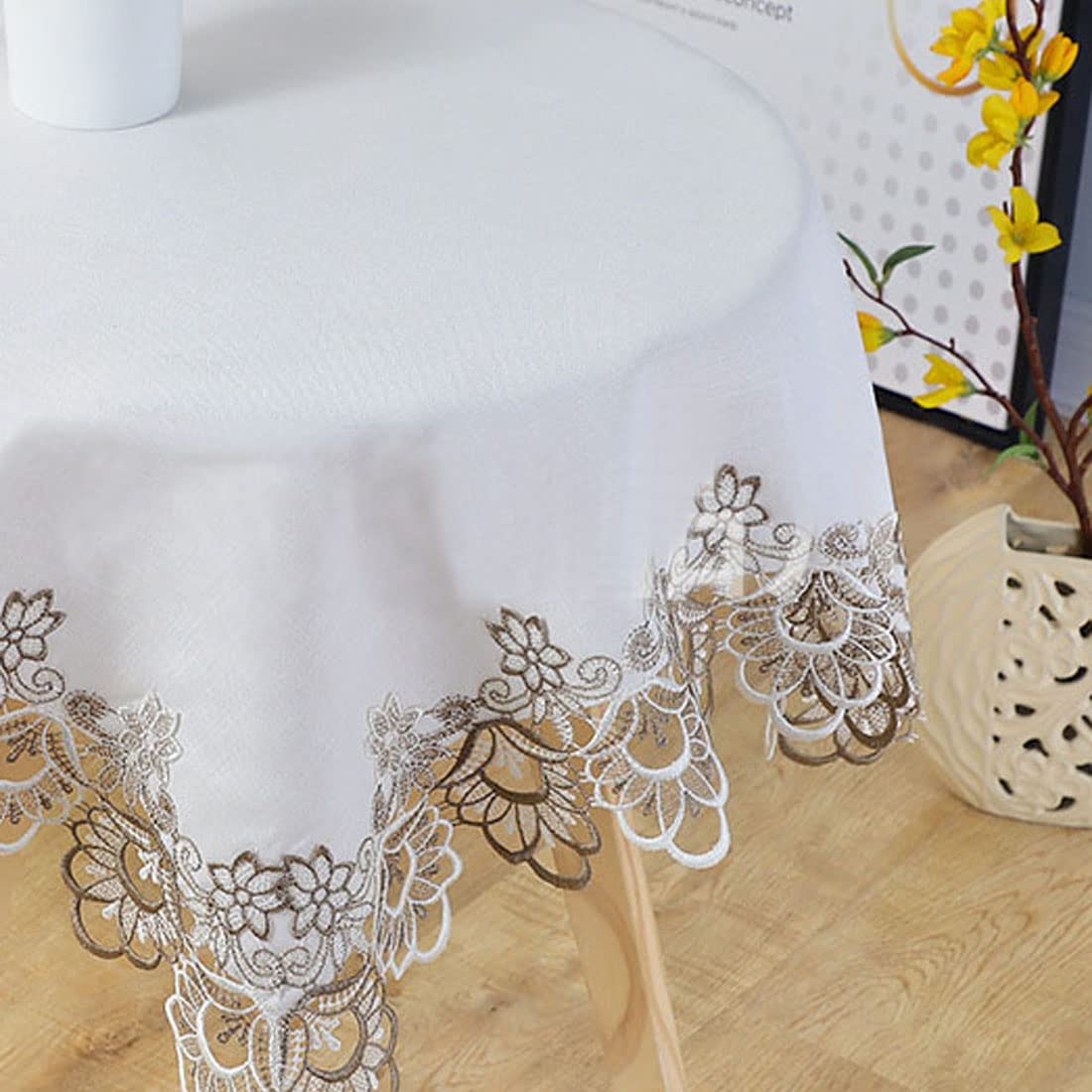 33 Inch Embroidered Lace Beige Square Tablecloth, Christmas Classic Floral Dining Table Cloth Wrinkle Free Table Cover