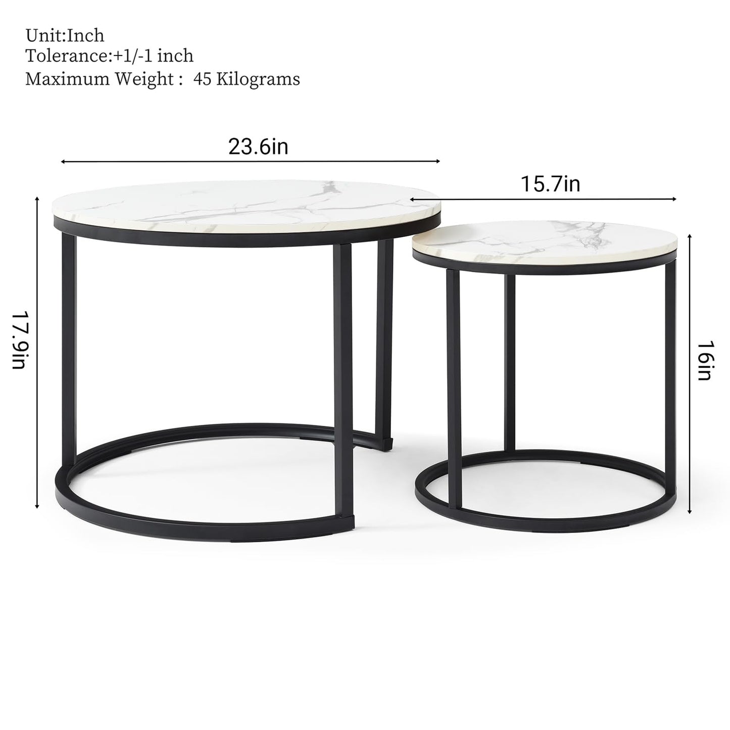 Nesting Coffee Table Set of 2, Round Coffee Tables for Living Room with White Marble Tabletop, Black Metal Frame and Non-Slip Feet,Modern Circle Wooden Tables Side Table End Tables for Bedroom