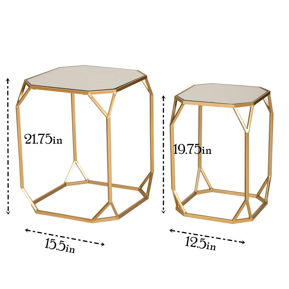 Glitzhome Modern Nesting Tables, Set of 2 Coffee Table with Tempered Glass Top, Side/End Tables for Living Room Bedroom, Accent Tea Tables with Metal Frame - Golden