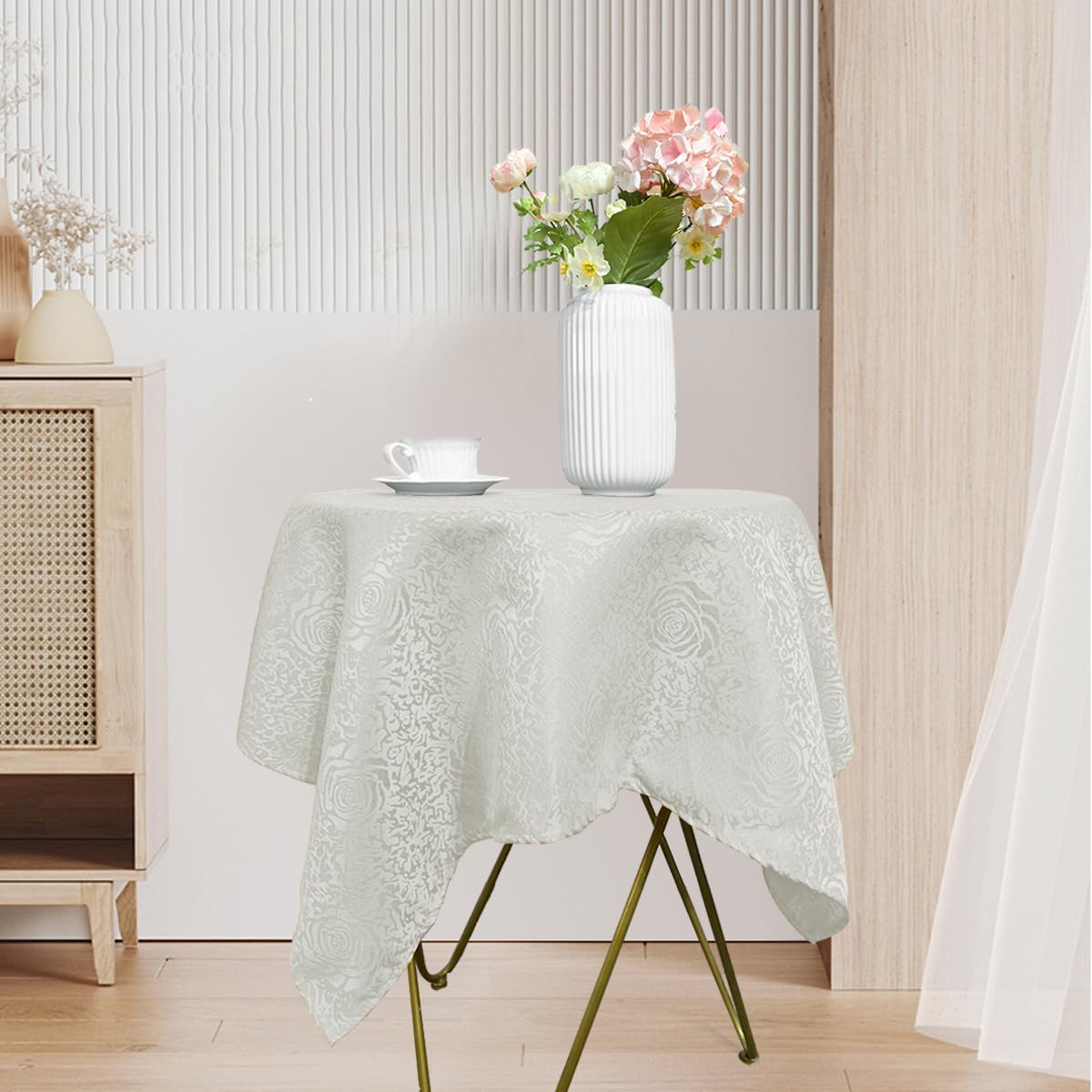 HAORUI Square Jacquard Tablecloth Peony Damask Patterns Table Cloth Cover for Round Nightstand End Bedside Table Tabletop Decoration (Ivory, 36x36 inch)