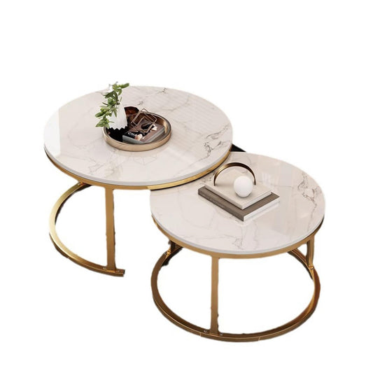 Round Coffee Tables Nesting Tables Set Of 2, Circle Cocktail Table Modern Design,Gold Metal FrameDesk,Industrial End Tables Simple Nightstand For Living Room Balcony Office(31.5x17.7+23.6x14.9in)