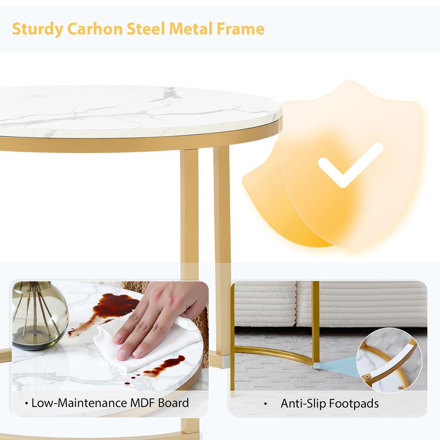 Nesting Coffee Table Set of 2, Round Coffee Tables for Living Room with White Marble Tabletop, Black Metal Frame and Non-Slip Feet,Modern Circle Wooden Tables Side Table End Tables for Bedroom