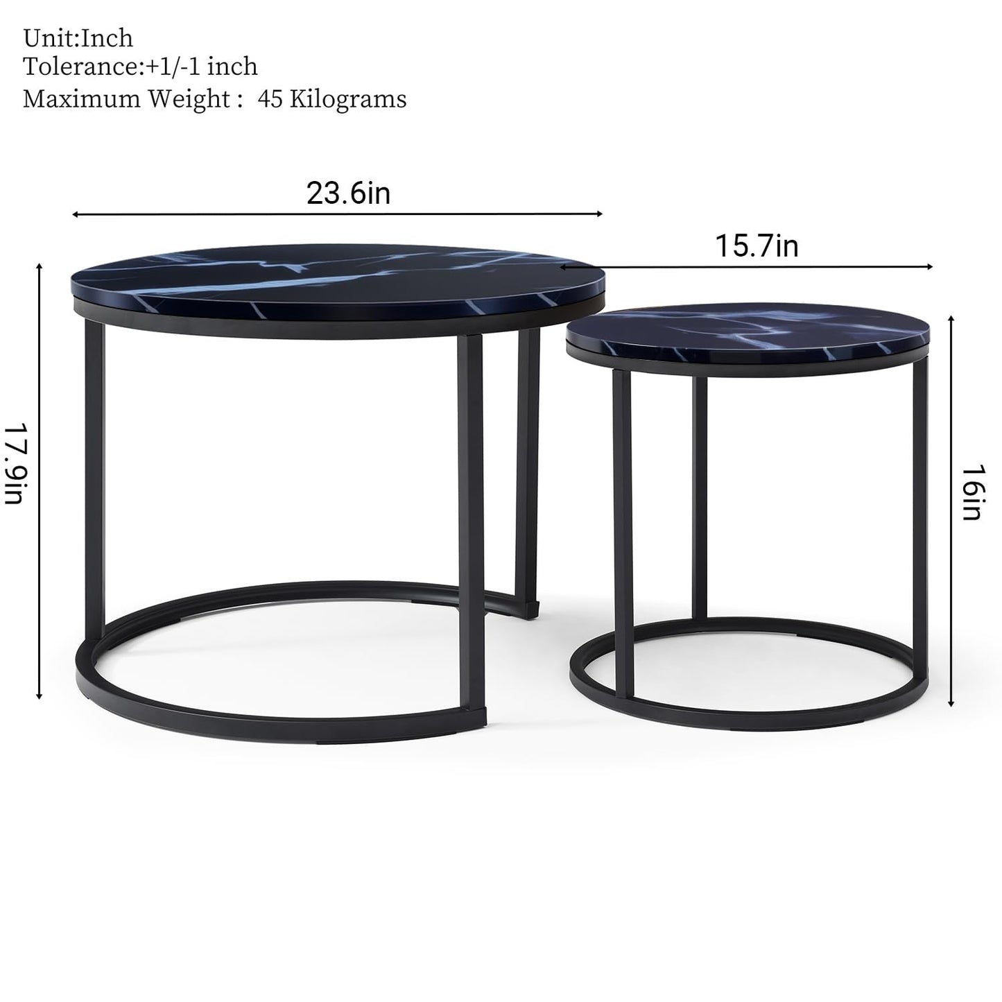 Nesting Coffee Table Set of 2, Round Coffee Tables for Living Room with White Marble Tabletop, Black Metal Frame and Non-Slip Feet,Modern Circle Wooden Tables Side Table End Tables for Bedroom