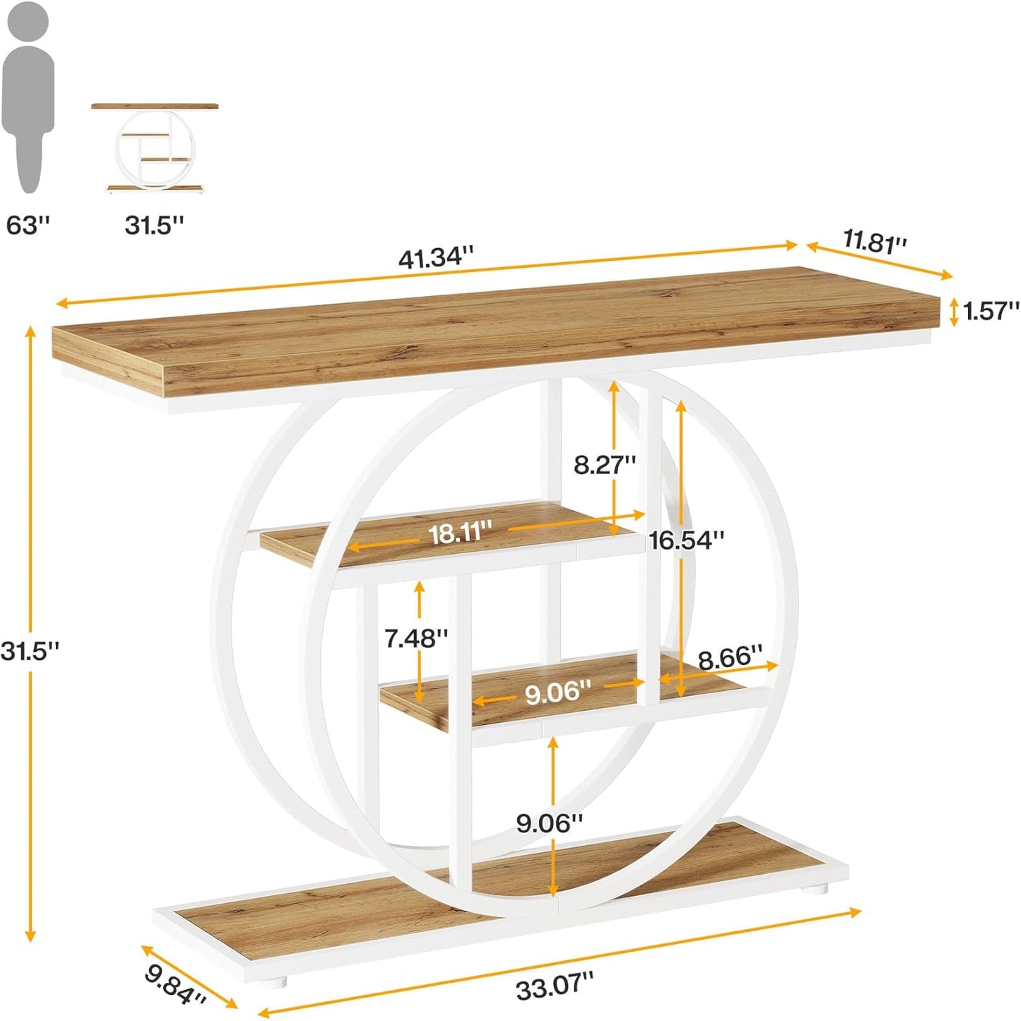 Tribesigns 41.3" Console Table, Industrial 4-Tier Sofa Table Entryway Table with Circle Base, Narrow Wood Accent Tables with Storage Shelves for Living Room, Hallway, Foyer, Rustic Brown