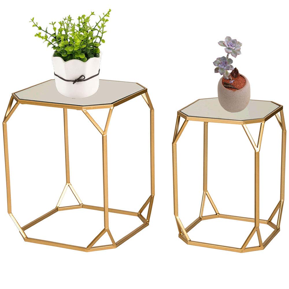 Glitzhome Modern Nesting Tables, Set of 2 Coffee Table with Tempered Glass Top, Side/End Tables for Living Room Bedroom, Accent Tea Tables with Metal Frame - Golden