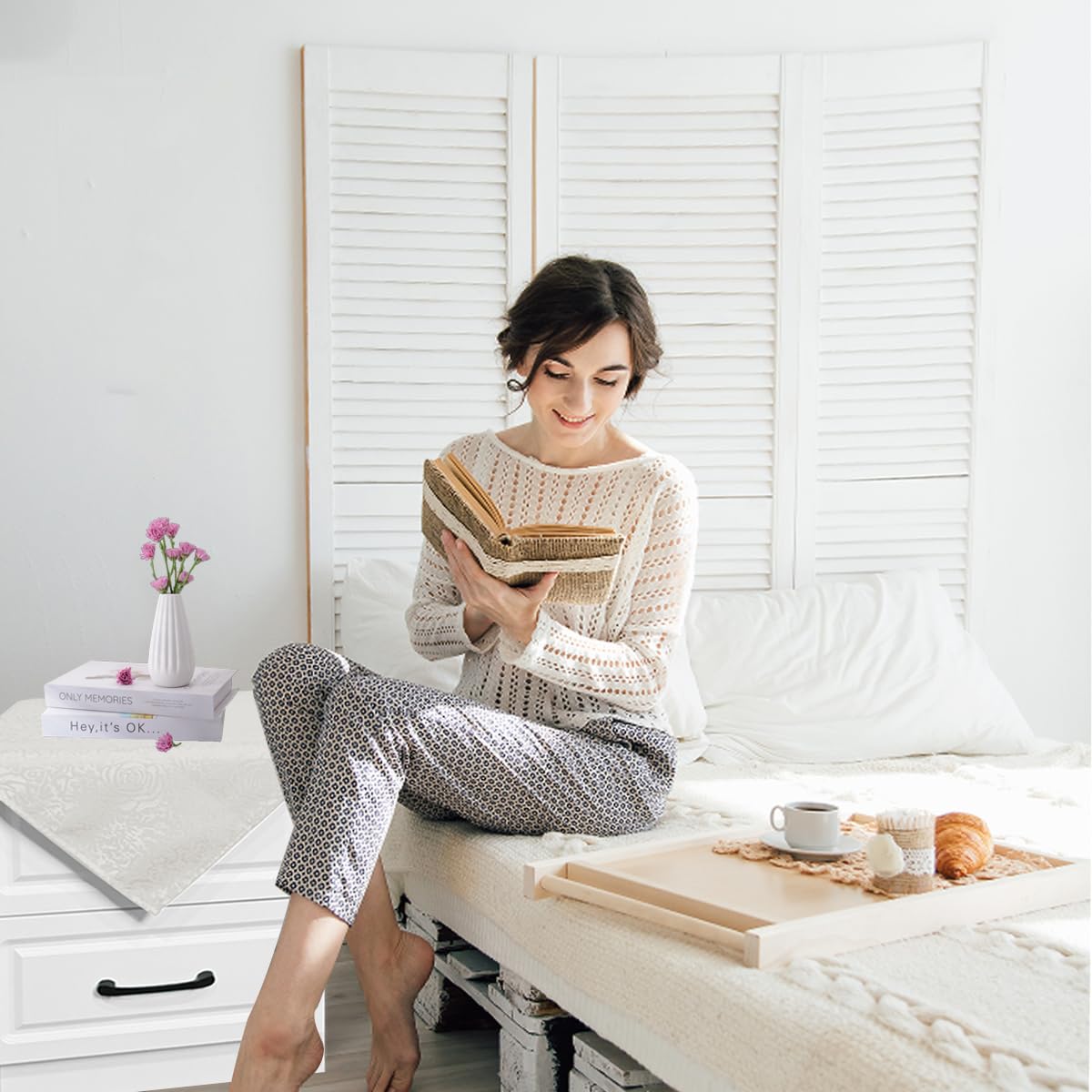 HAORUI Square Jacquard Tablecloth Peony Damask Patterns Table Cloth Cover for Round Nightstand End Bedside Table Tabletop Decoration (Ivory, 36x36 inch)