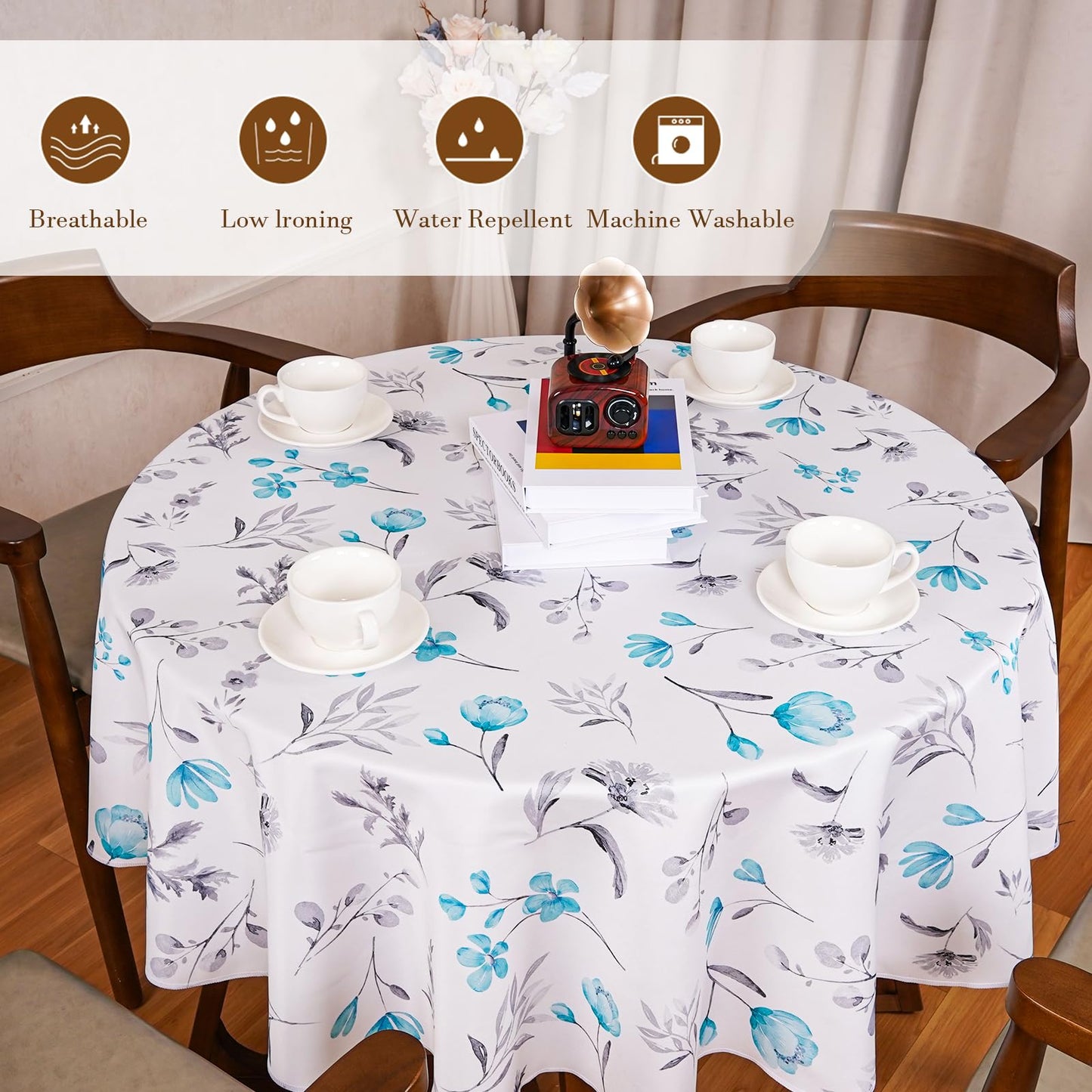 Round Tablecloth 60Inch Green Floral Table Cloth Waterproof Spill-Proof Wrinkle Free Table Cover for Outdoor Party Picnic Dinner Patio Halloween Fall Decor