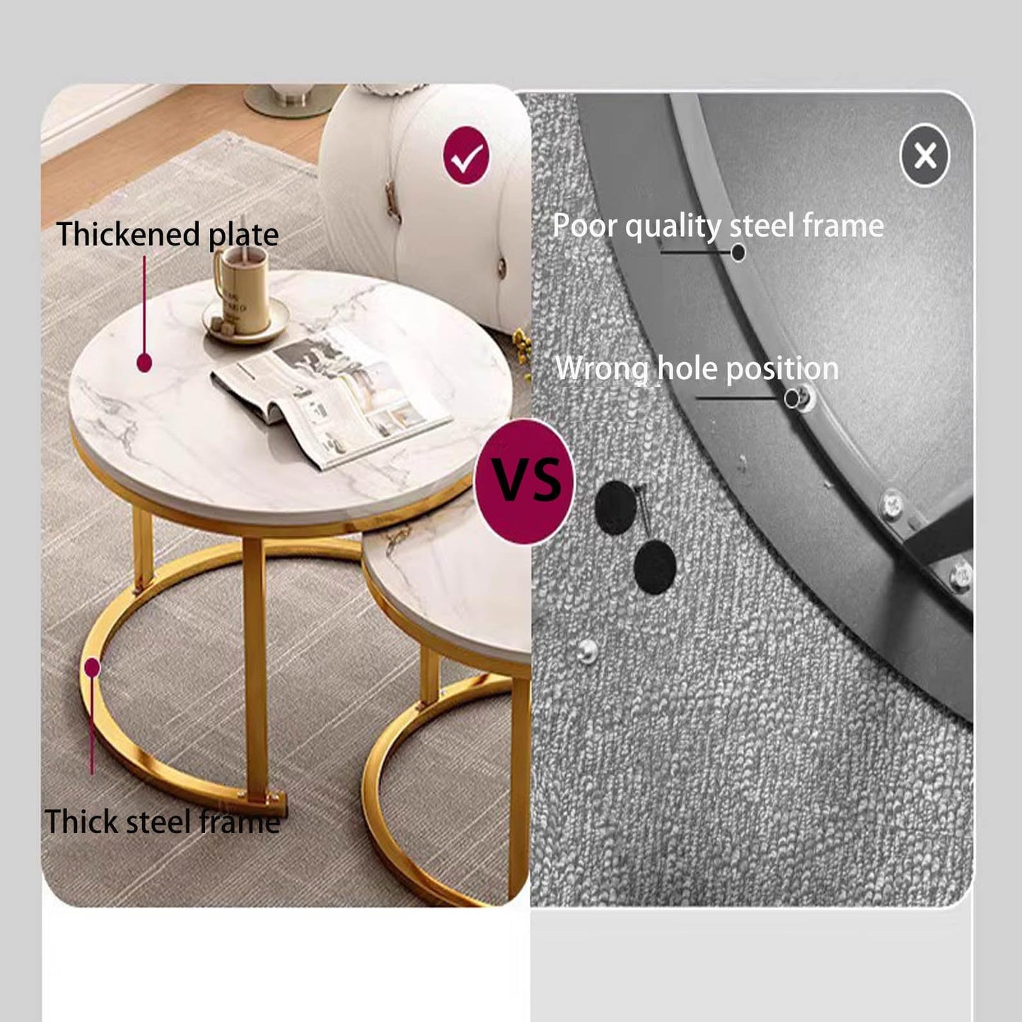 Round Coffee Tables Nesting Tables Set Of 2, Circle Cocktail Table Modern Design,Gold Metal FrameDesk,Industrial End Tables Simple Nightstand For Living Room Balcony Office(31.5x17.7+23.6x14.9in)