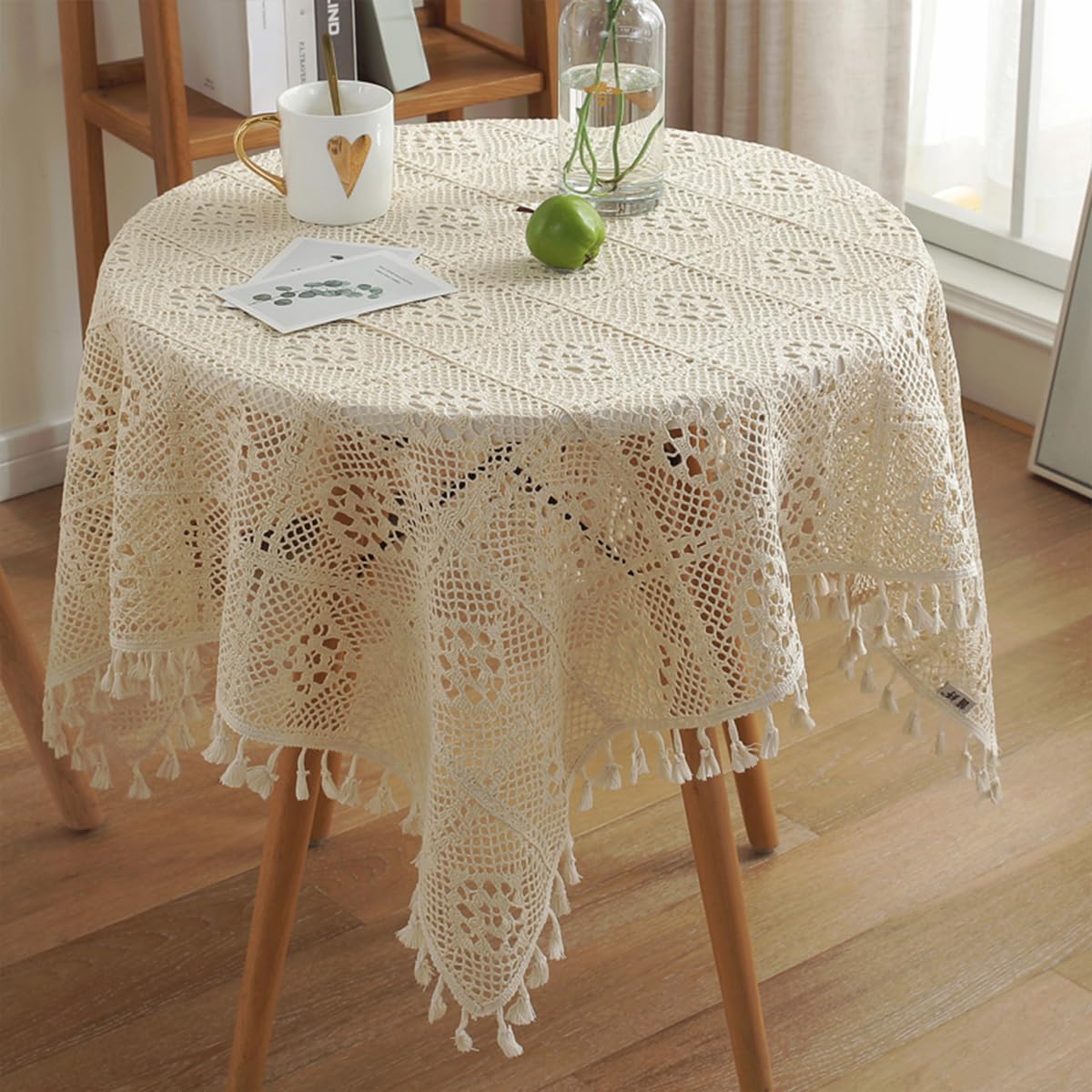 Quesera Crochet Tablecloths Lace Doilies Square Tablecloths Beige Cotton Table Cover Table Topper Wedding Home Party Decoration 34x34 Inch