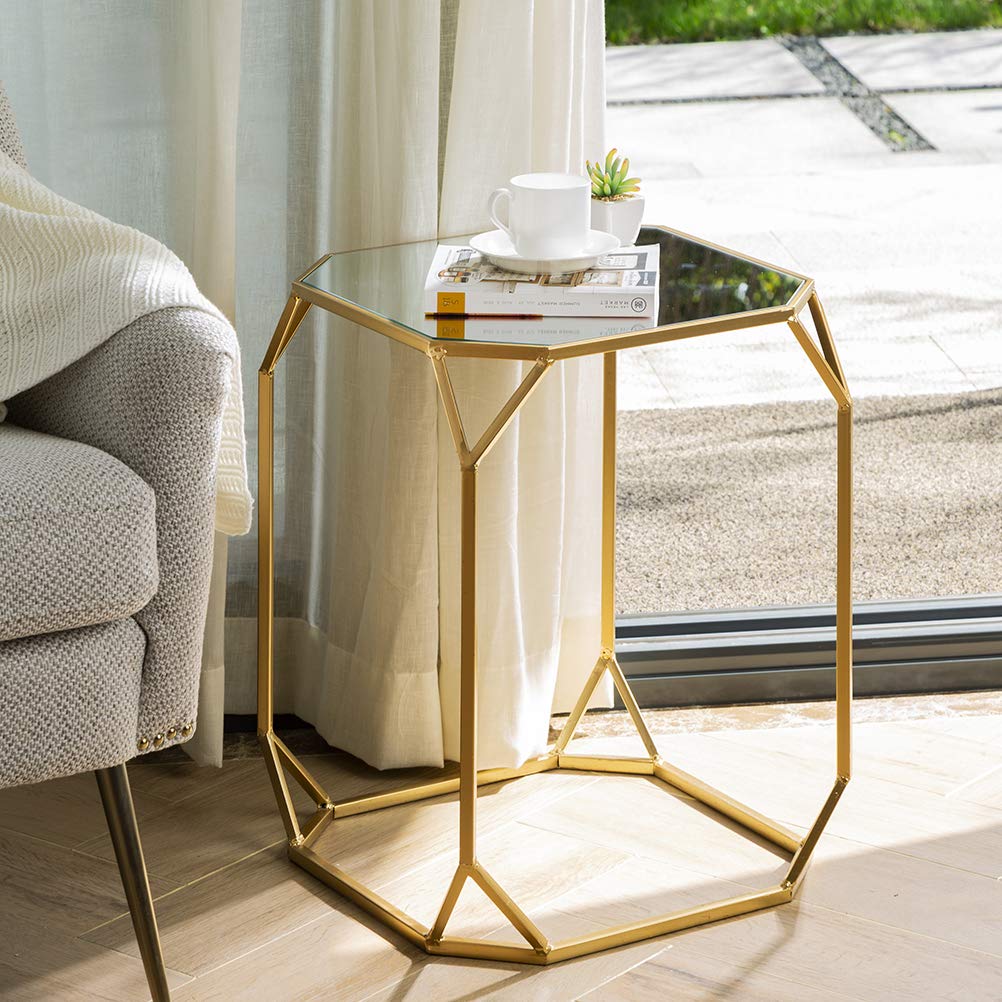 Glitzhome Modern Nesting Tables, Set of 2 Coffee Table with Tempered Glass Top, Side/End Tables for Living Room Bedroom, Accent Tea Tables with Metal Frame - Golden