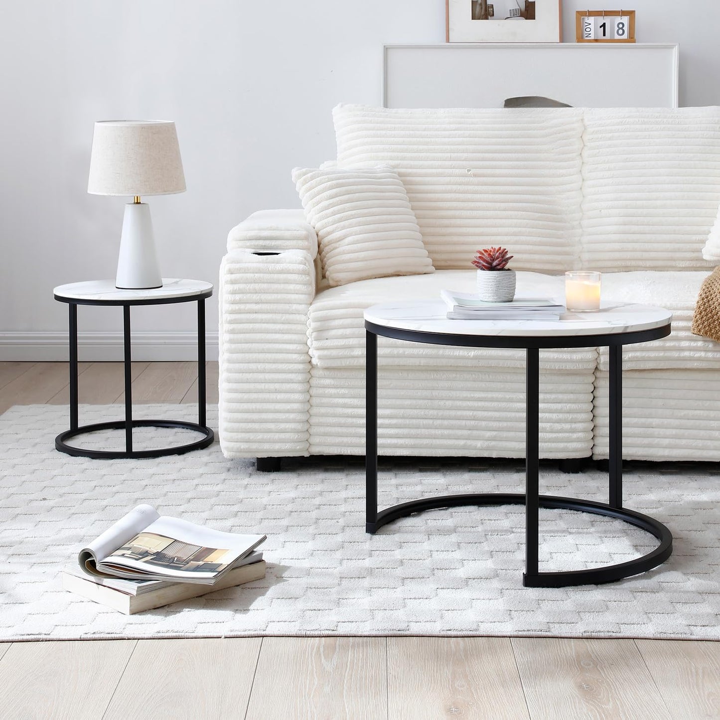 Nesting Coffee Table Set of 2, Round Coffee Tables for Living Room with White Marble Tabletop, Black Metal Frame and Non-Slip Feet,Modern Circle Wooden Tables Side Table End Tables for Bedroom